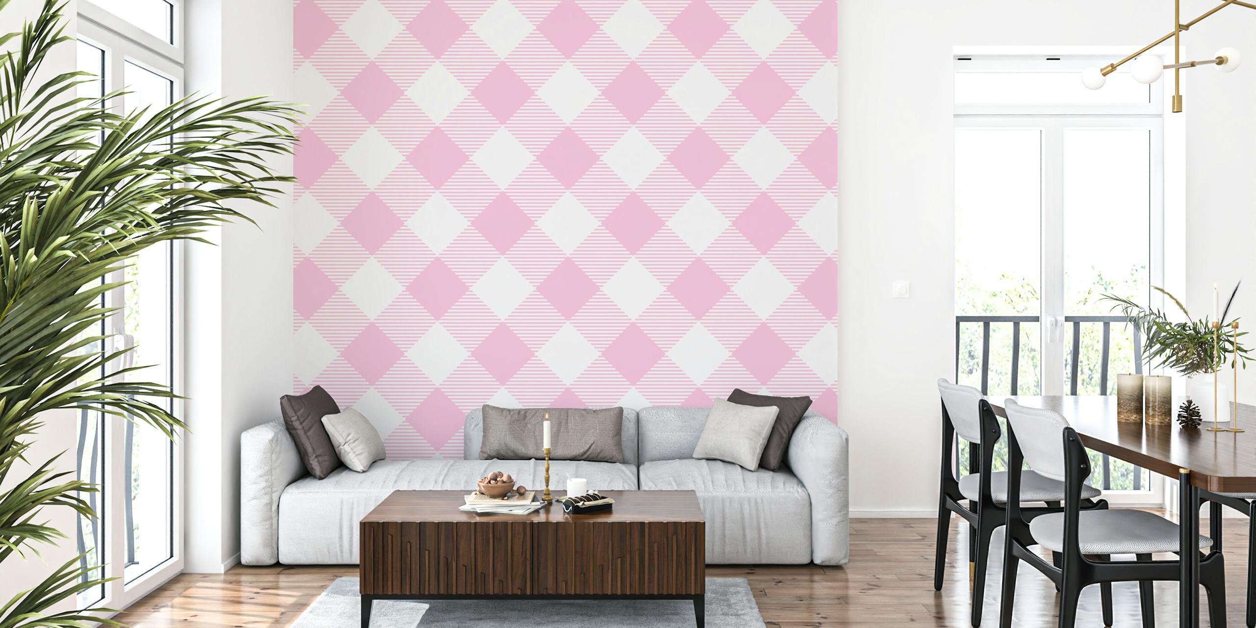 Pink and white gingham check pattern wall mural