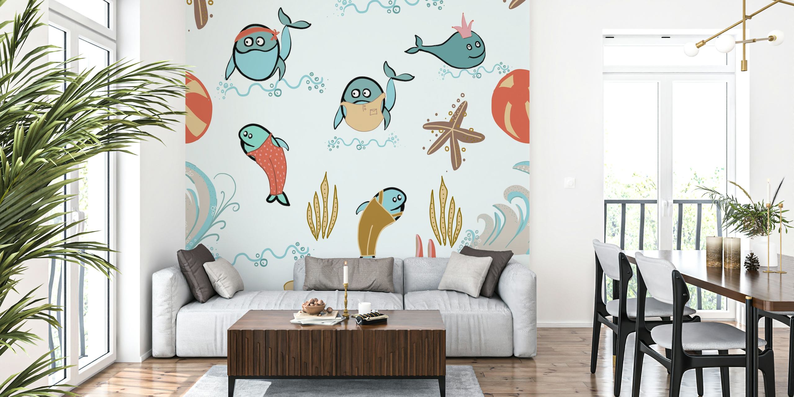 Whale characters and sea elements in pastel colors wallpaper
