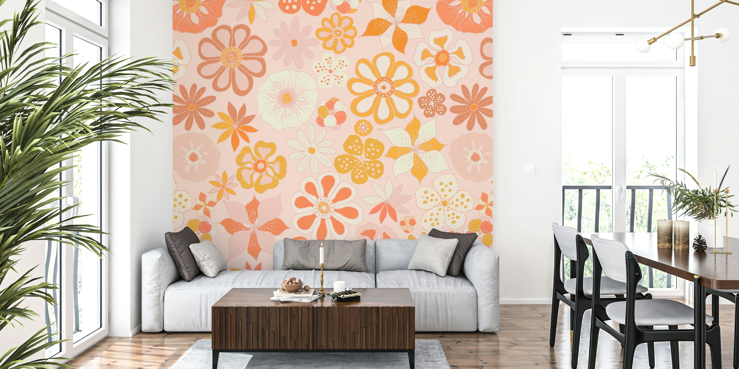 Colorful floral pattern in orange and pastel shades wallpaper