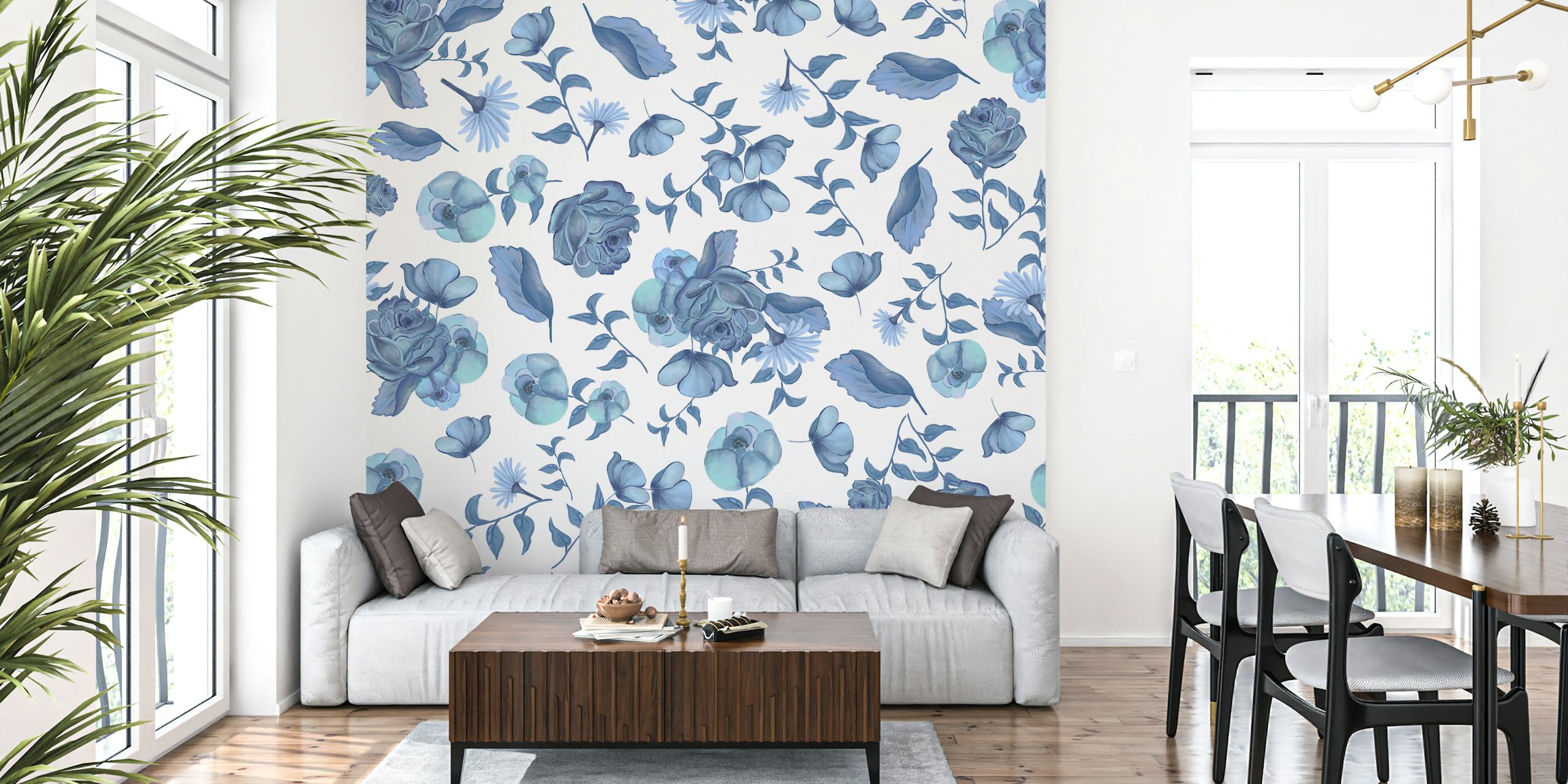 Διαχρονική μπλε φλοράλ τοιχογραφία με κομψά άνθη και φύλλωμα