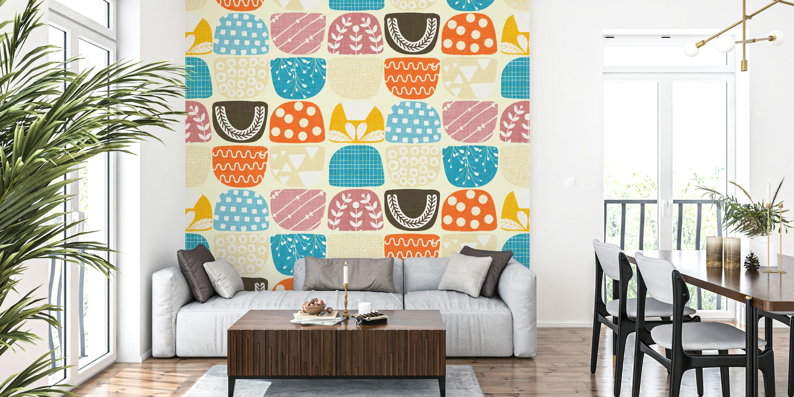 Colorful geometric patterns in blue, orange, pink, and beige wallpaper