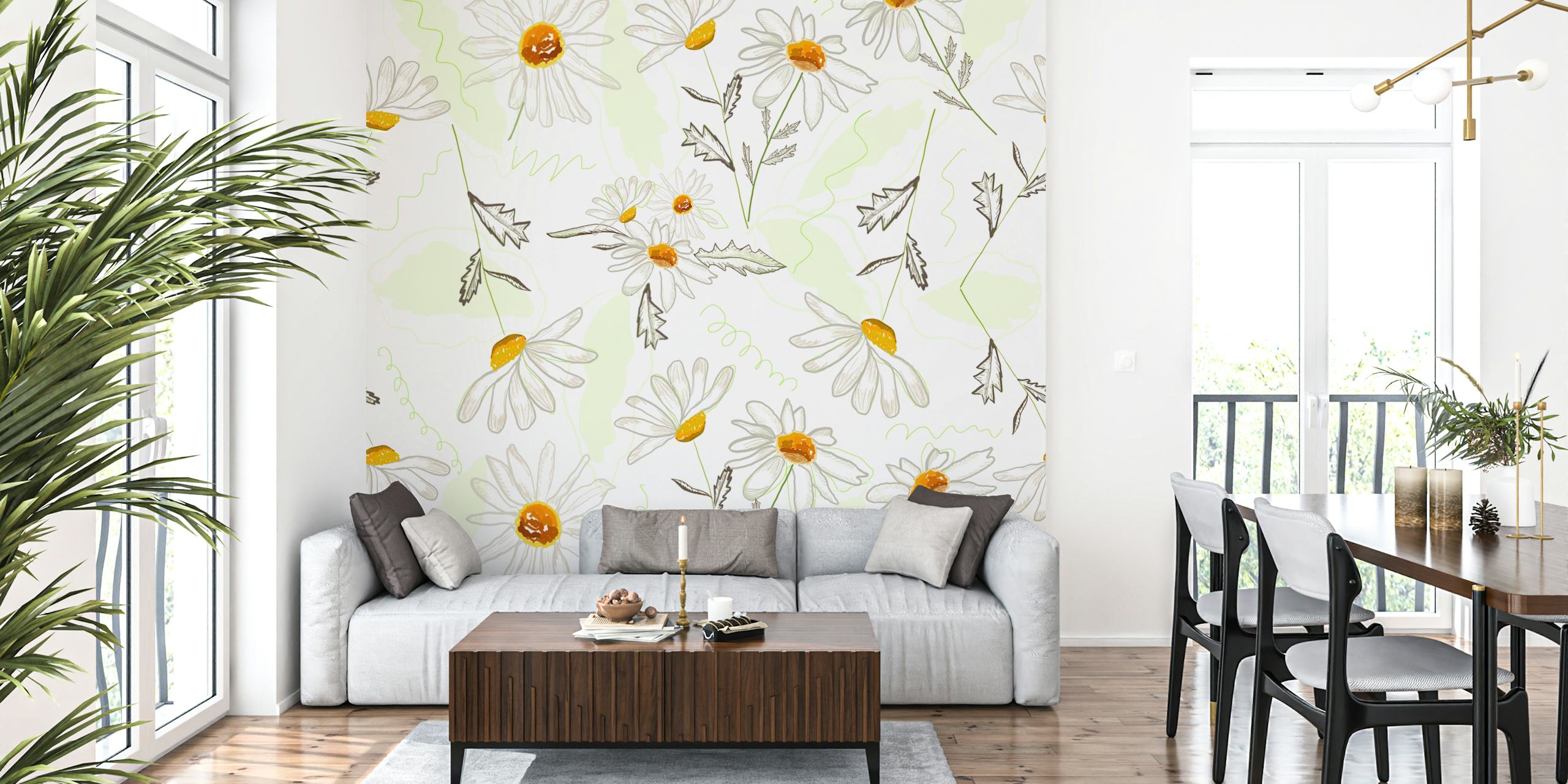 White daisies with yellow centers and green accents wallpaper
