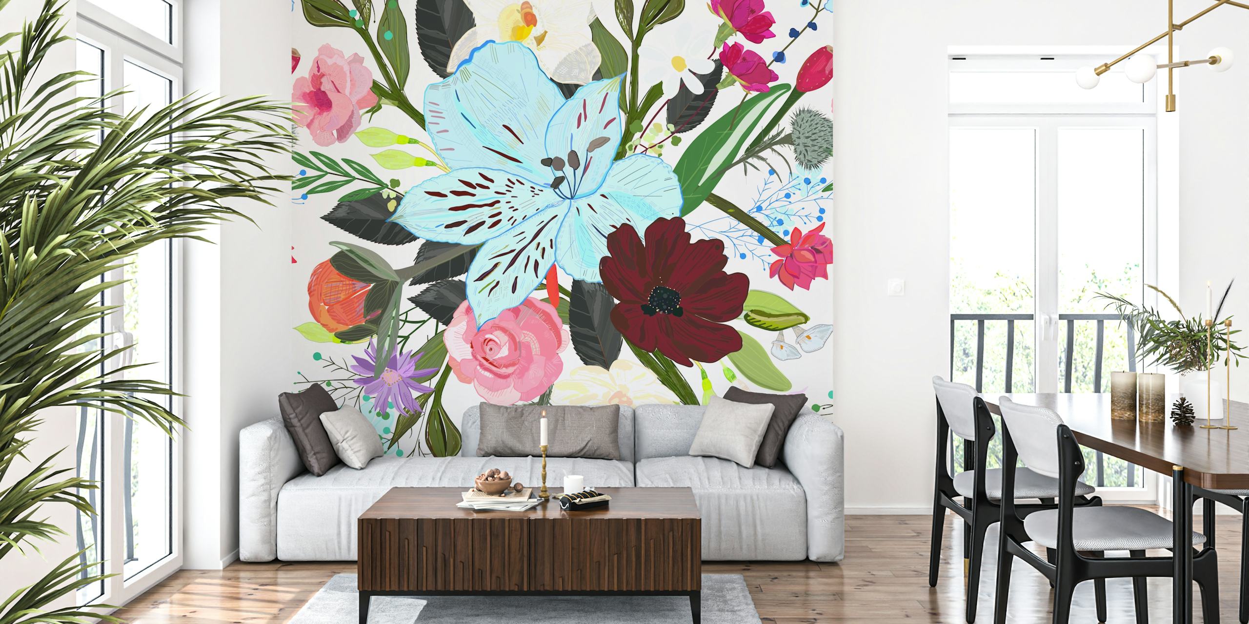 Colorful alstroemerias and fuchsia roses wall mural with greenery accents