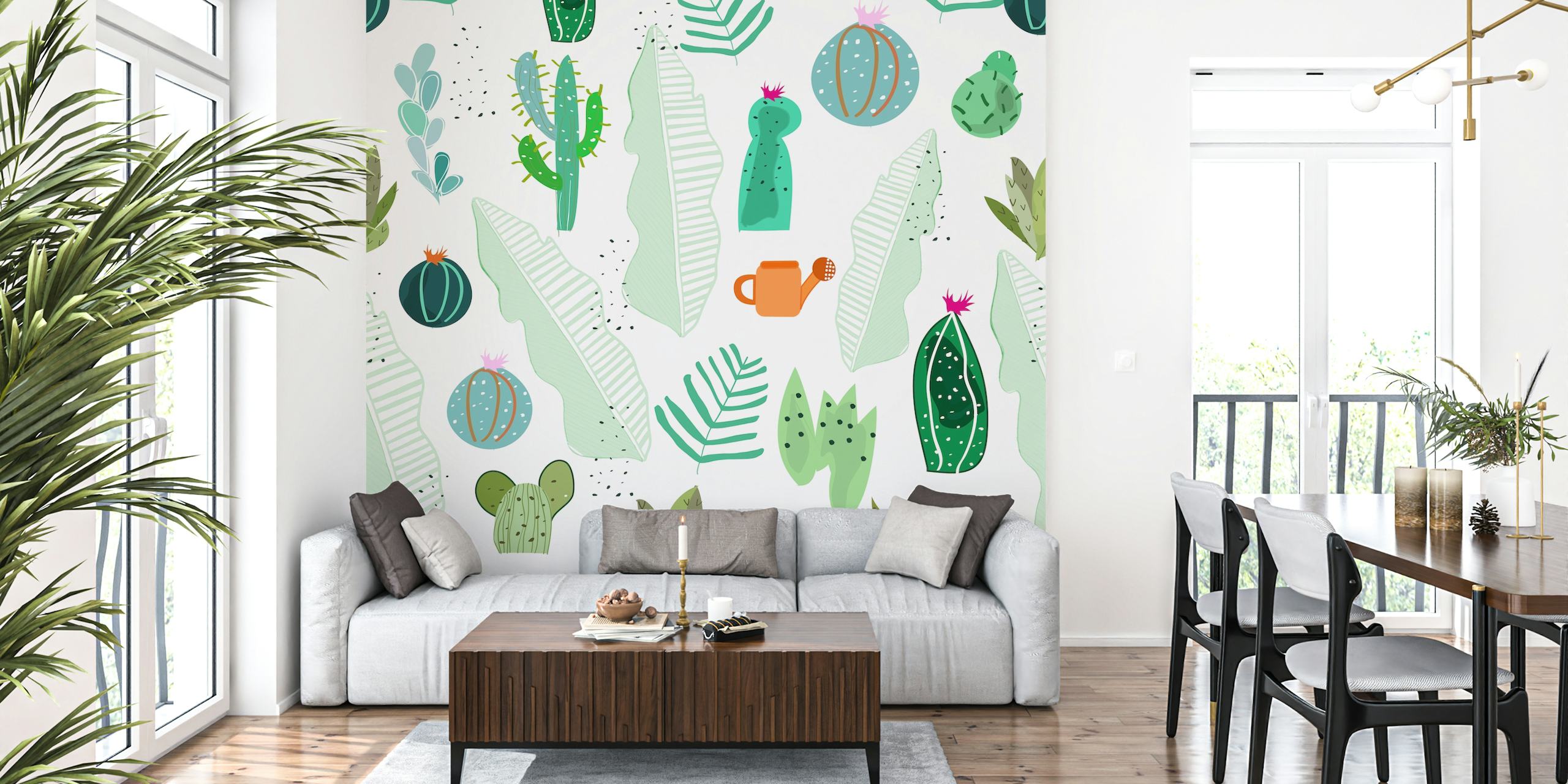 Cactus and flowers in green and white tropical wallpaper