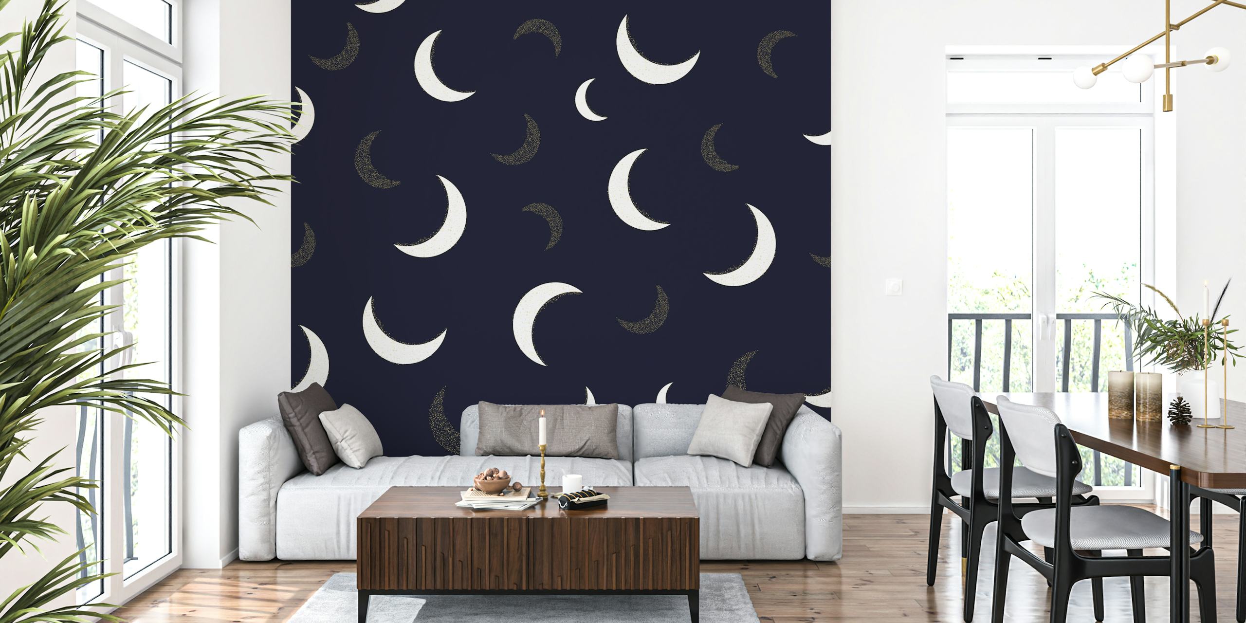 Crescent moon patterns in white and gold on black background wallpaper