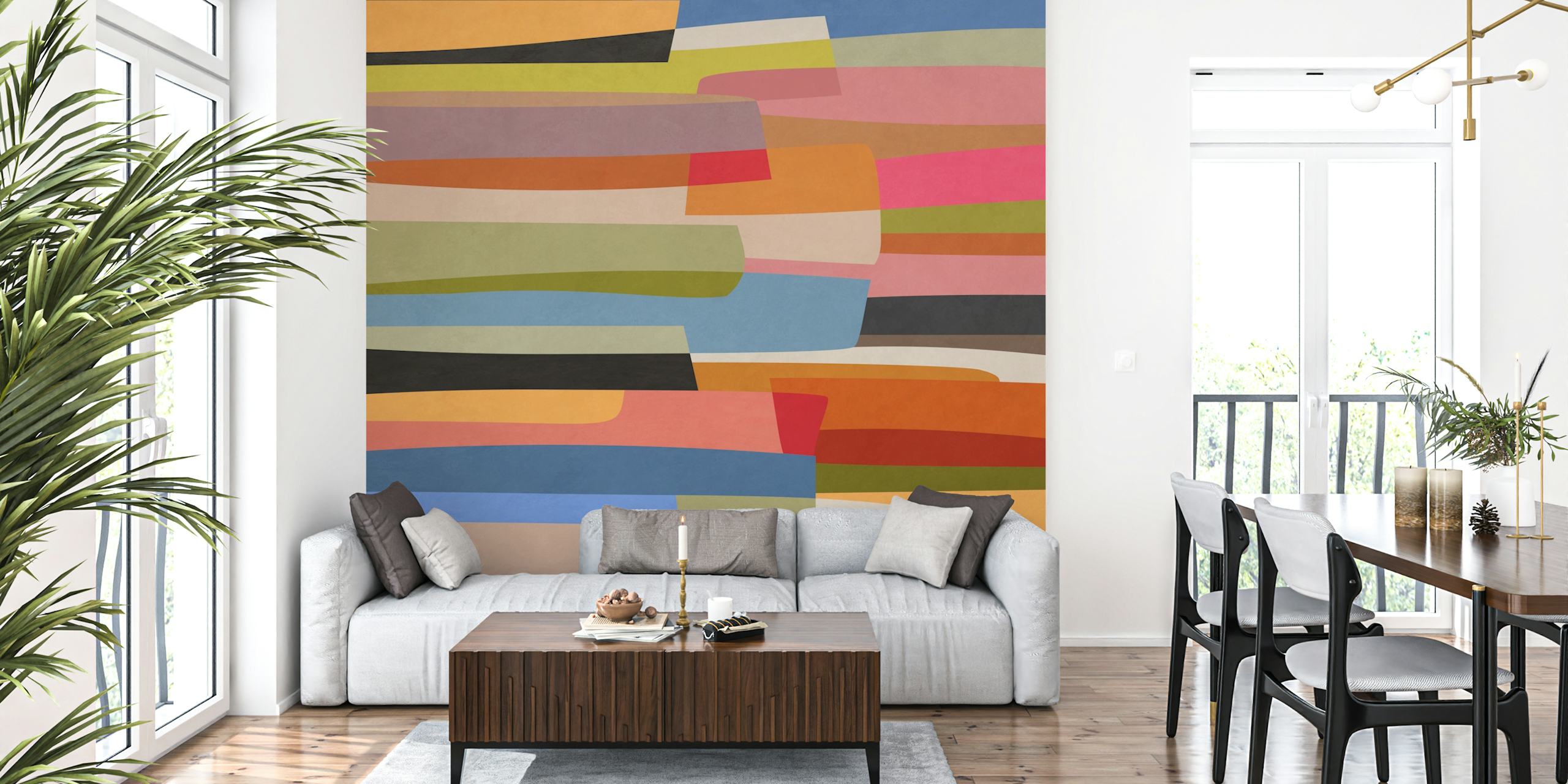 Colorful abstract shapes in blue, pink, and orange wallpaper