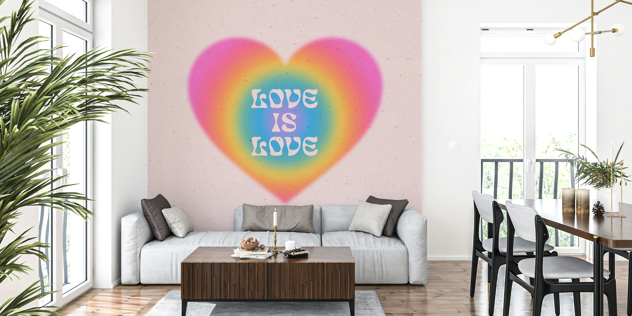 Rainbow heart with text 'Love is Love' on pink background wallpaper