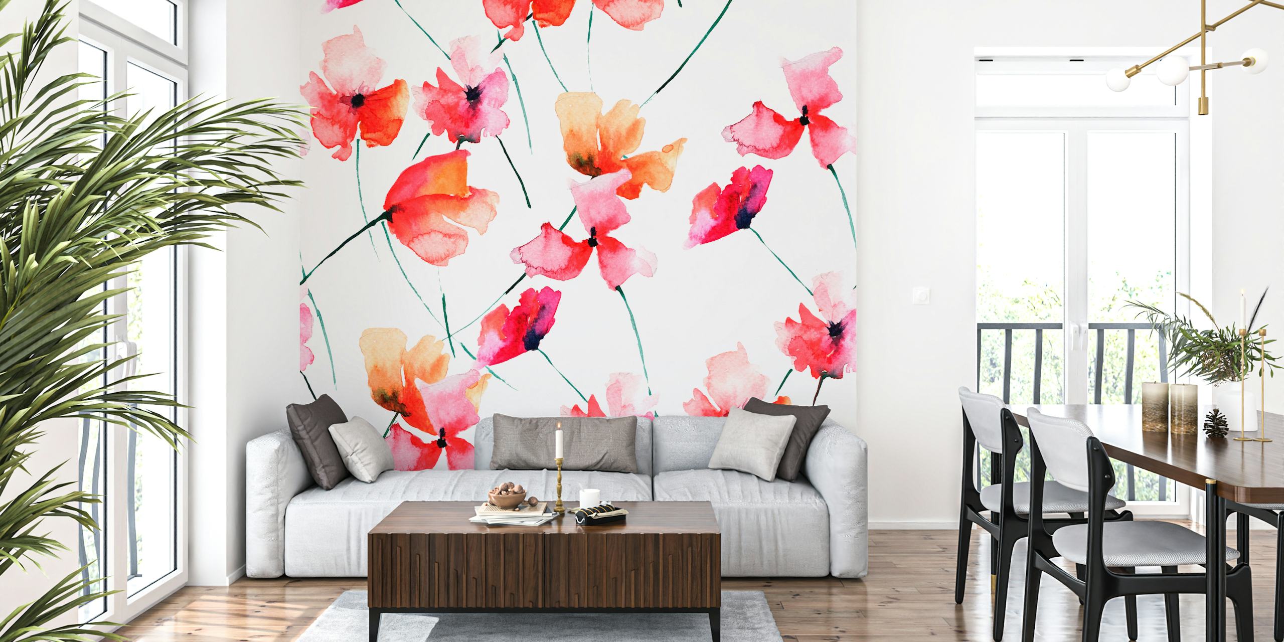 Pink watercolor flowers on white background wallpaper