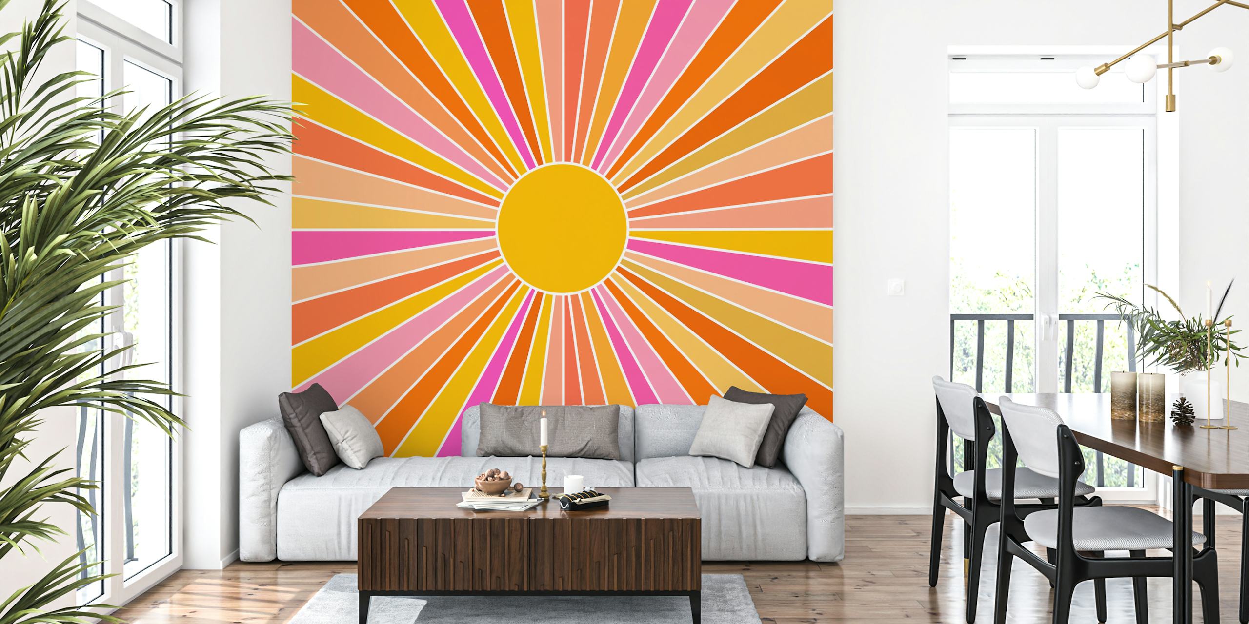 Vintage sunburst pattern in orange, pink, and yellow wallpaper