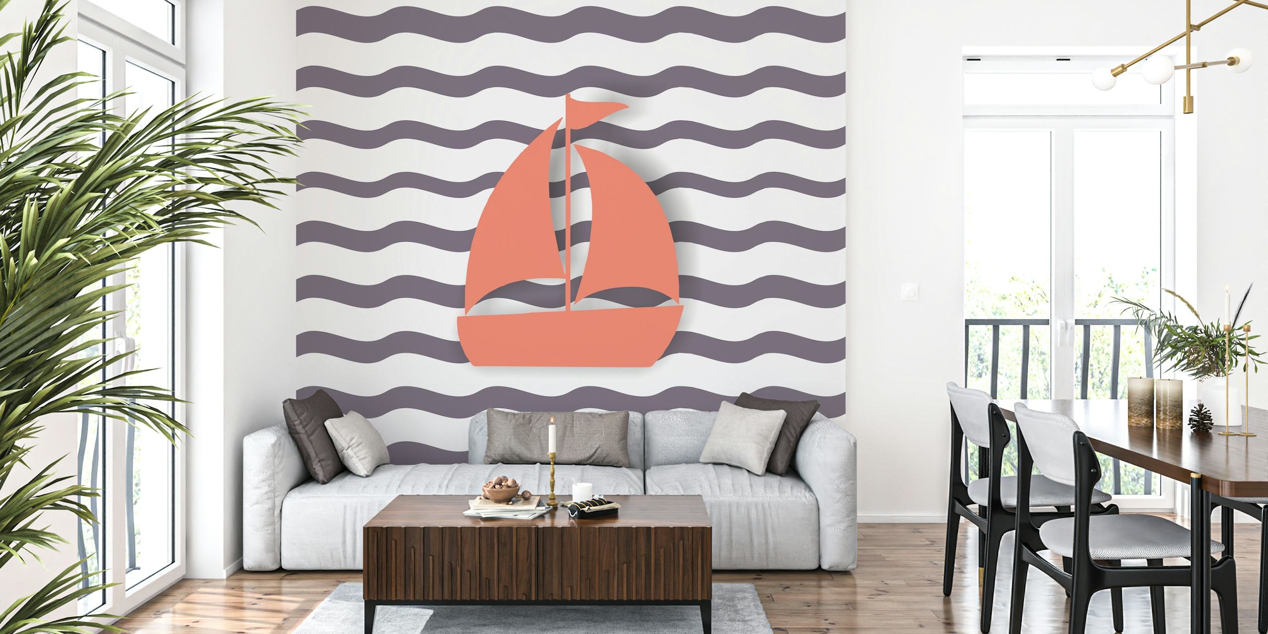 Sailboat on wavy plum and white background wallpaper