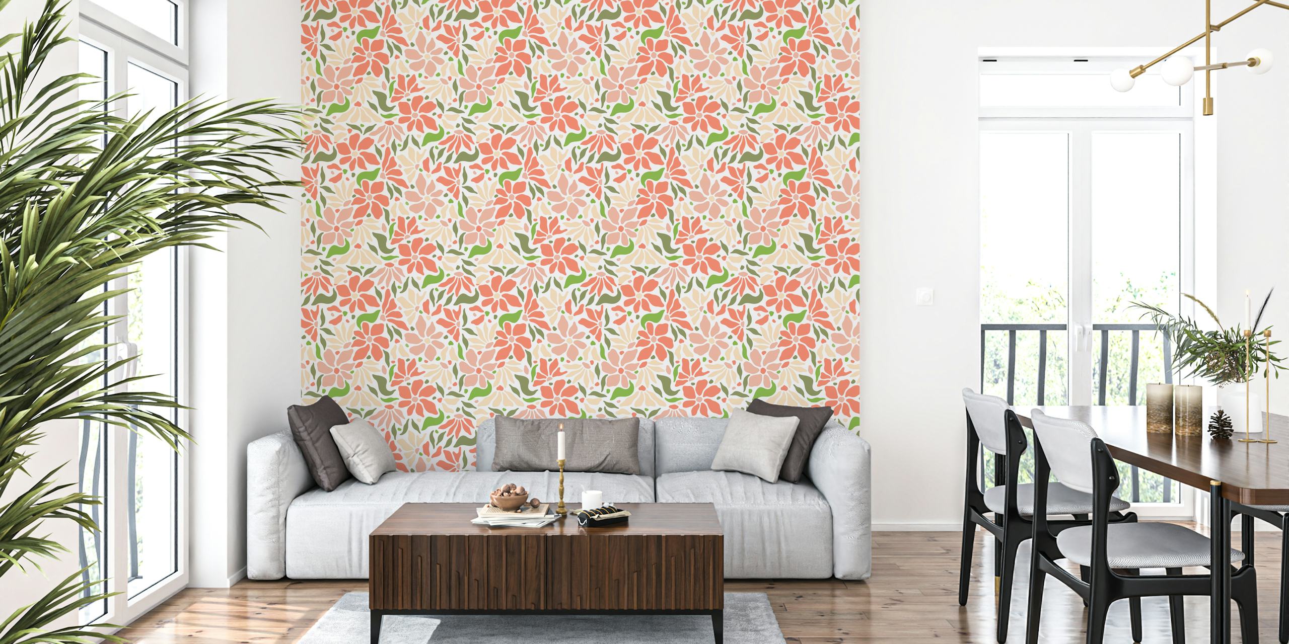 Floral pattern with coral and green hues wallpaper