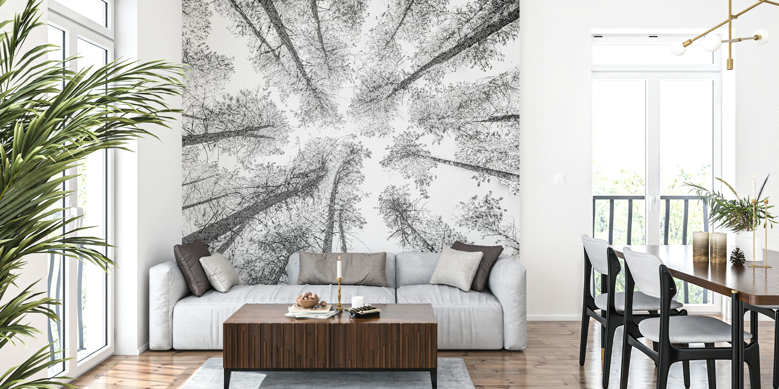 Upward view of a forest canopy wall mural in an etching style.