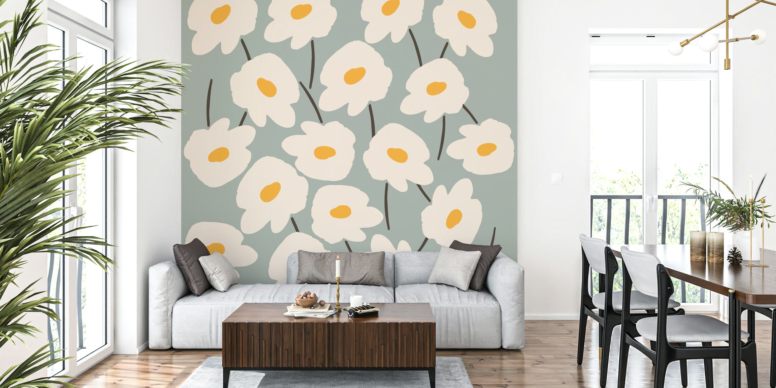 Cream abstract daisies with yellow centers on mint green wallpaper