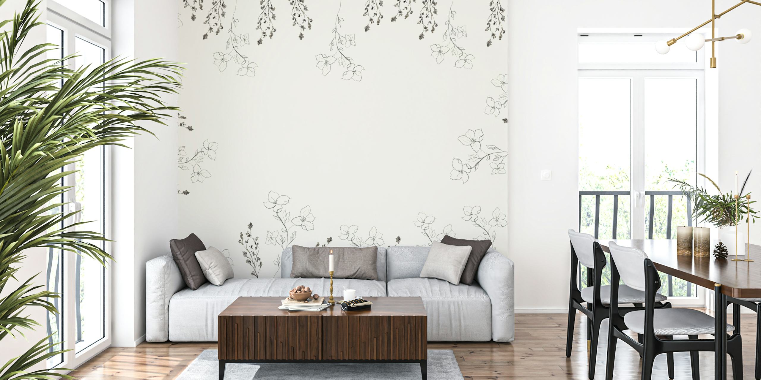Crème achtergrond met delicate silhouetten van wilde bloemen behangontwerp