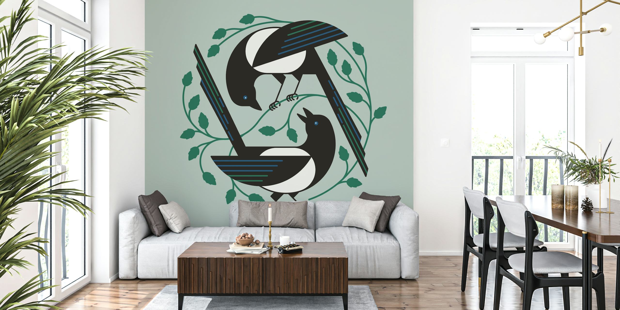 Uccelli stilizzati e fogliame murale primaverile su uno sfondo morbido