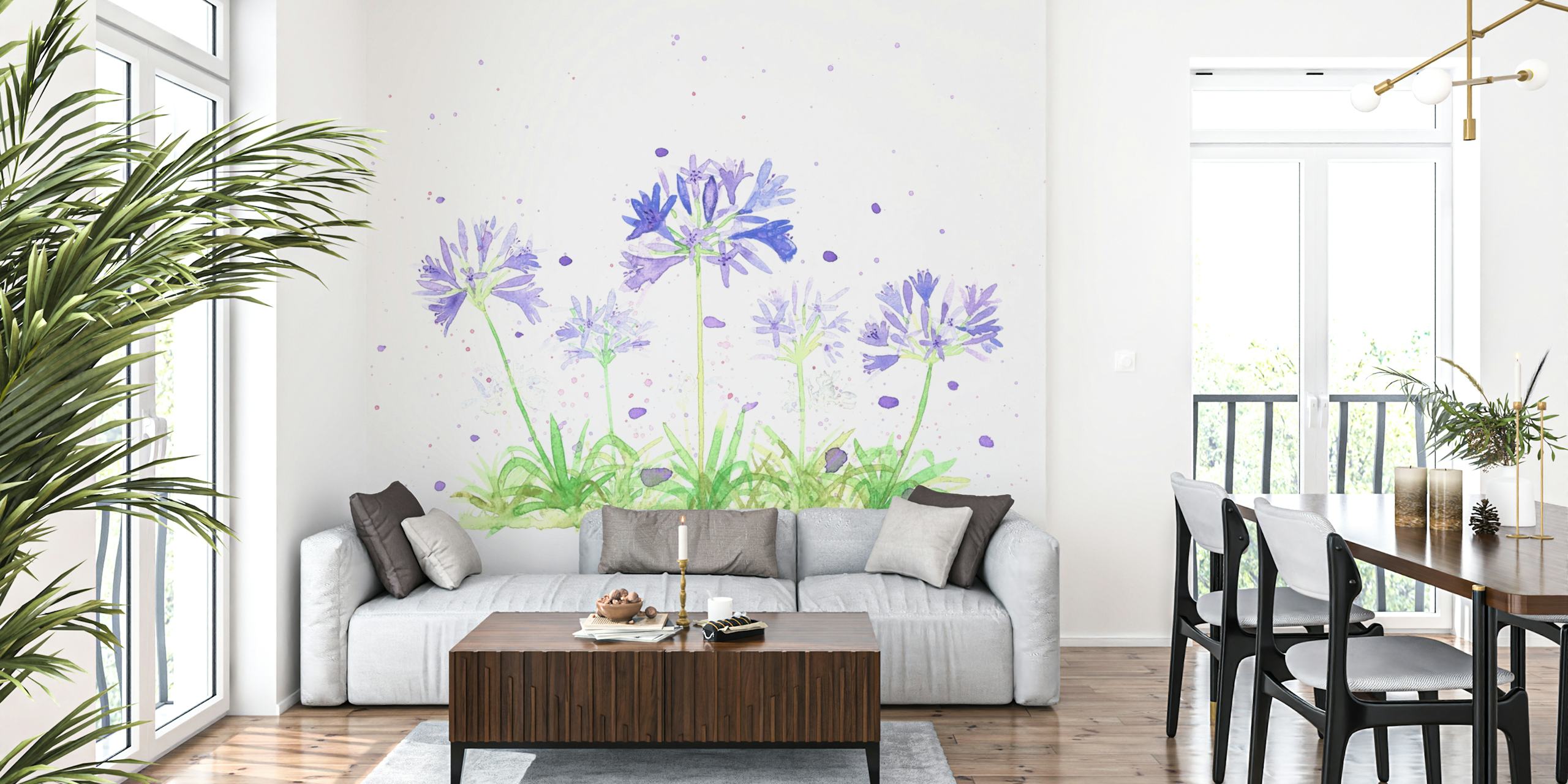 Εικονογράφηση με νερόχρωμα των hydrangea flowers σε βιολετί και μπλε σε τοιχογραφία