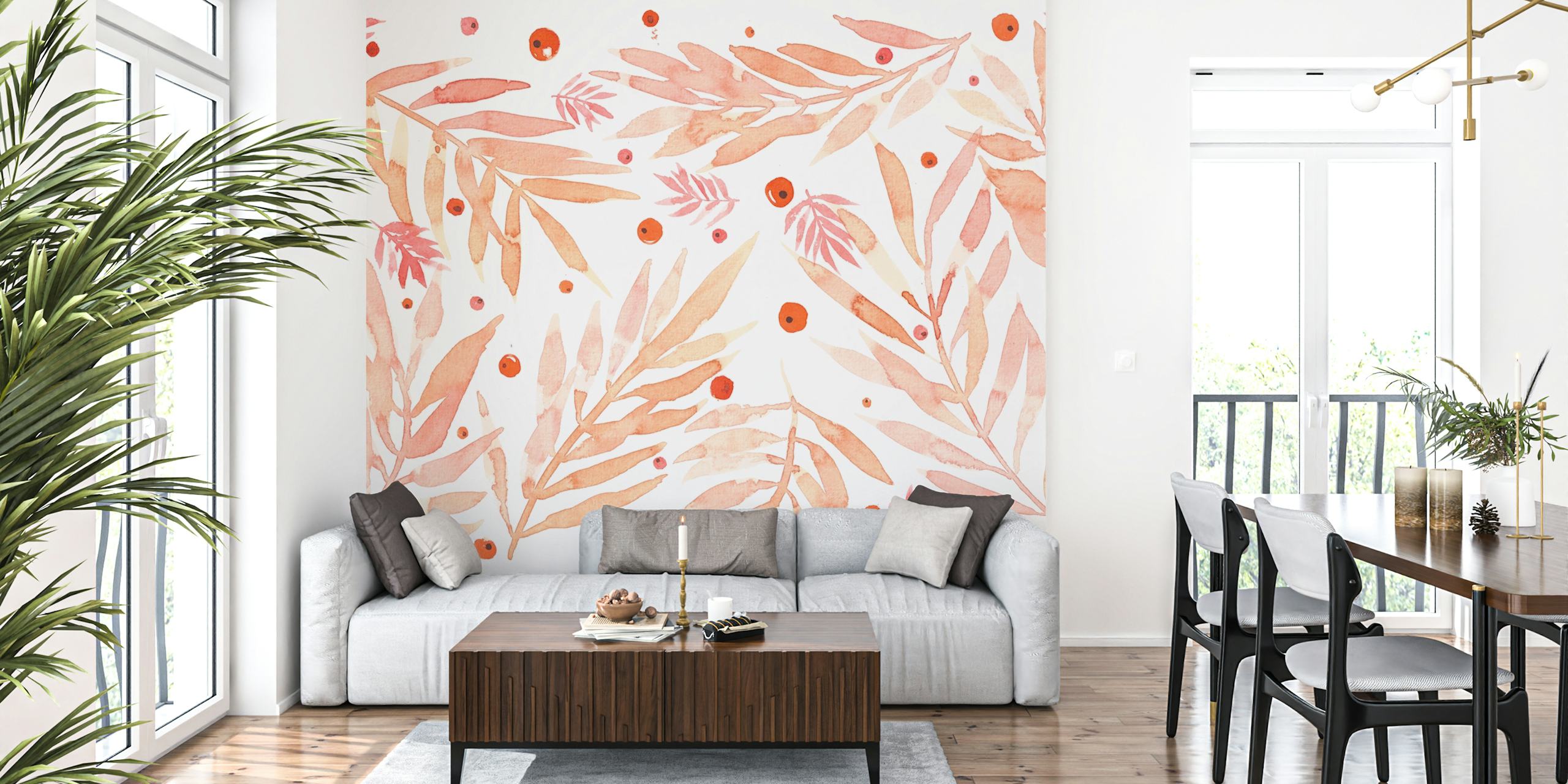 Peach branches with berries wall mural in soft hues of pink and orange