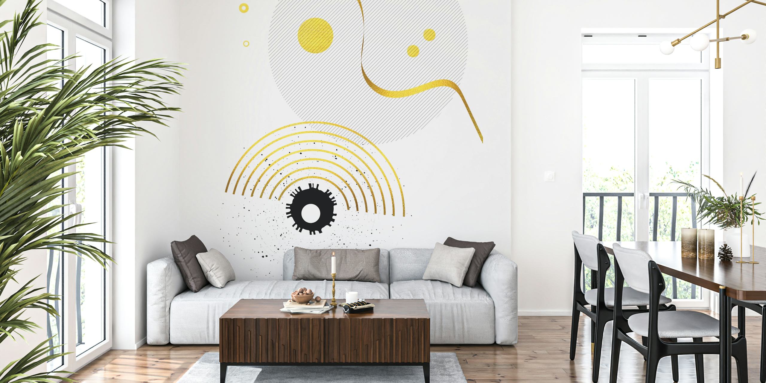 Abstraktes grafisches Wandgemälde mit geometrischen Formen in Gold, Gelb und Schwarz