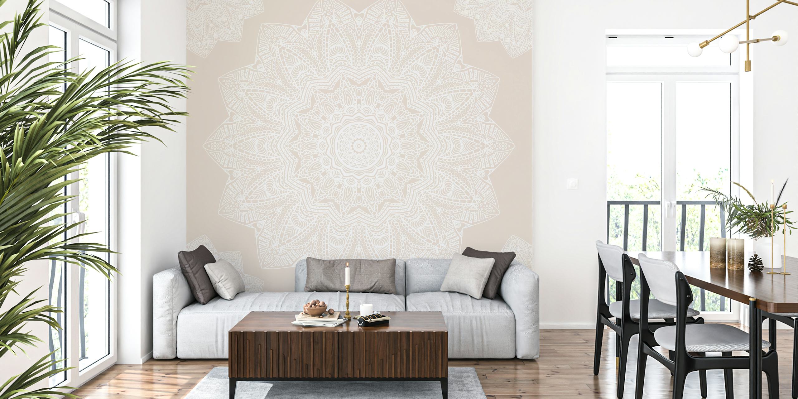 Beige mandala wallpaper in a room