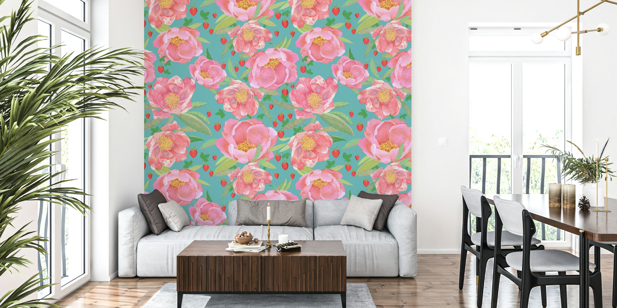 Pink peonies and red strawberries on teal background wallpaper