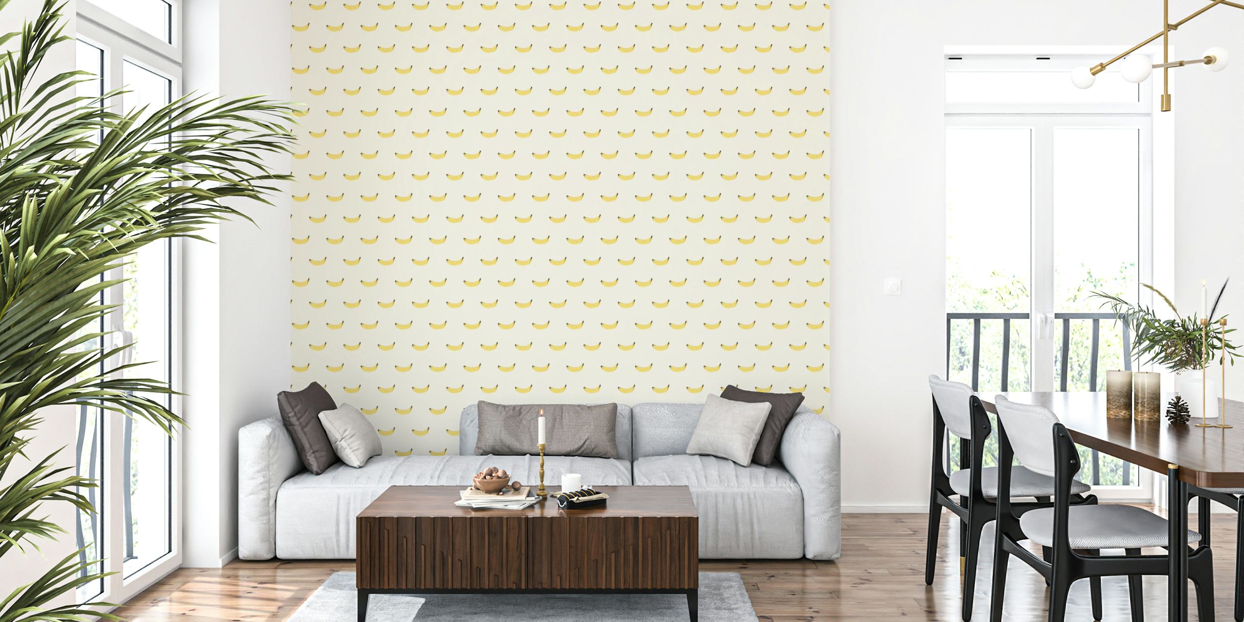 Decorazione murale con motivo di banane gialle su sfondo avorio