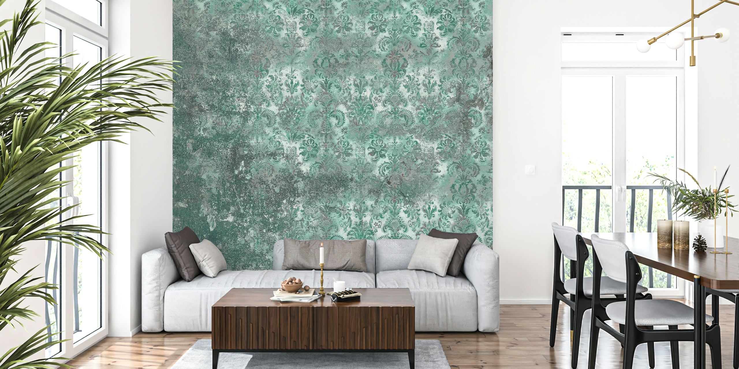Grunge Damask Wall Viridian diseño de papel tapiz