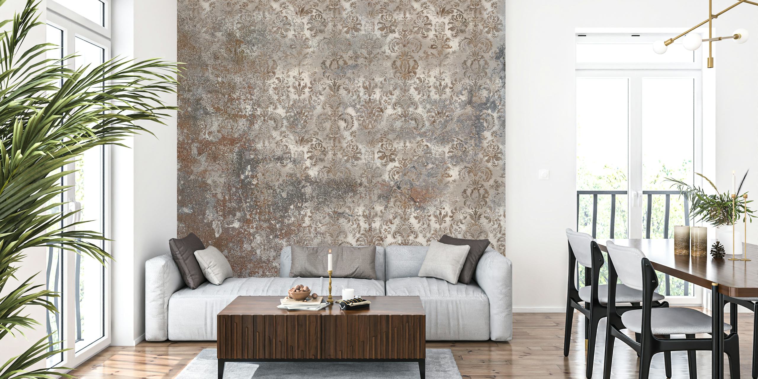Grunge-tyylinen harmaa rustiikkinen damask-kuvioinen seinämaalaus