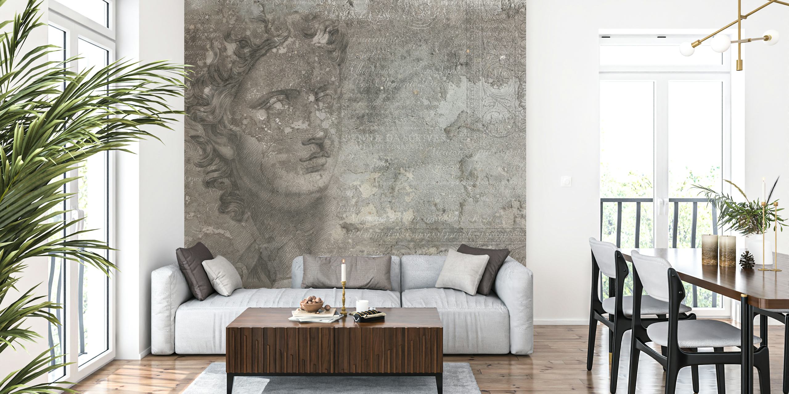 Historical motifs in grey tones on beige wallpaper