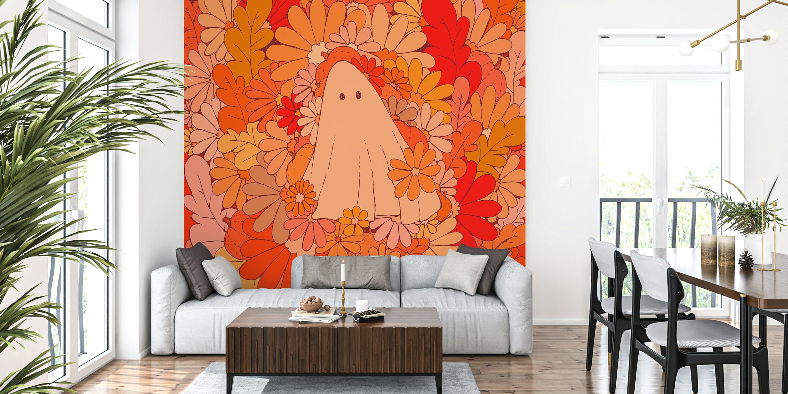 Ghost among colorful flowers in orange, pink, and red tones wallpaper