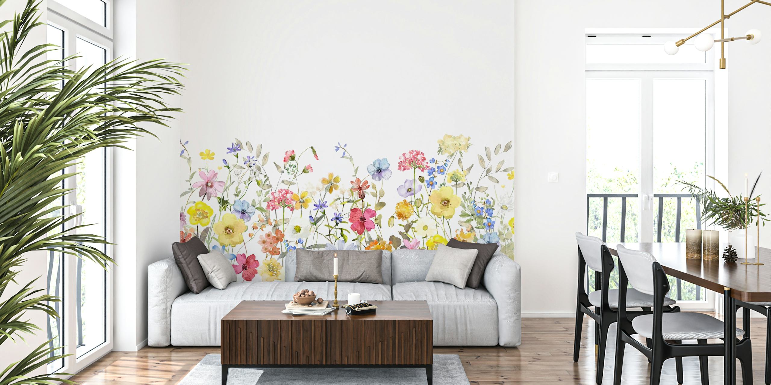 Een weelderige weergave van gevarieerde wilde bloemen op een fotobehang in een weide