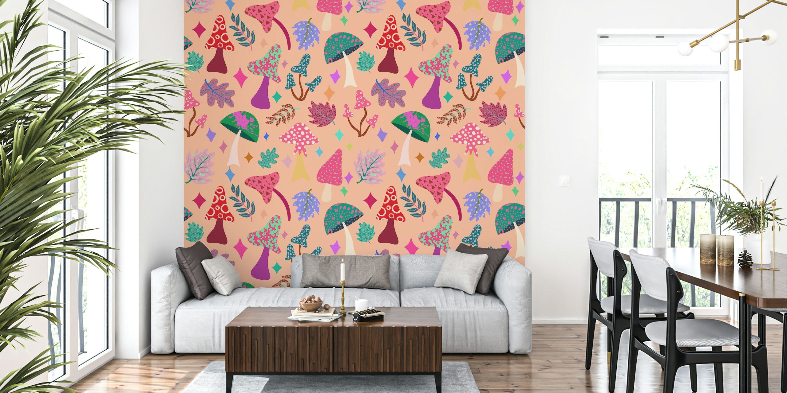 Colorful mushroom pattern with leaves and shapes wallpaper