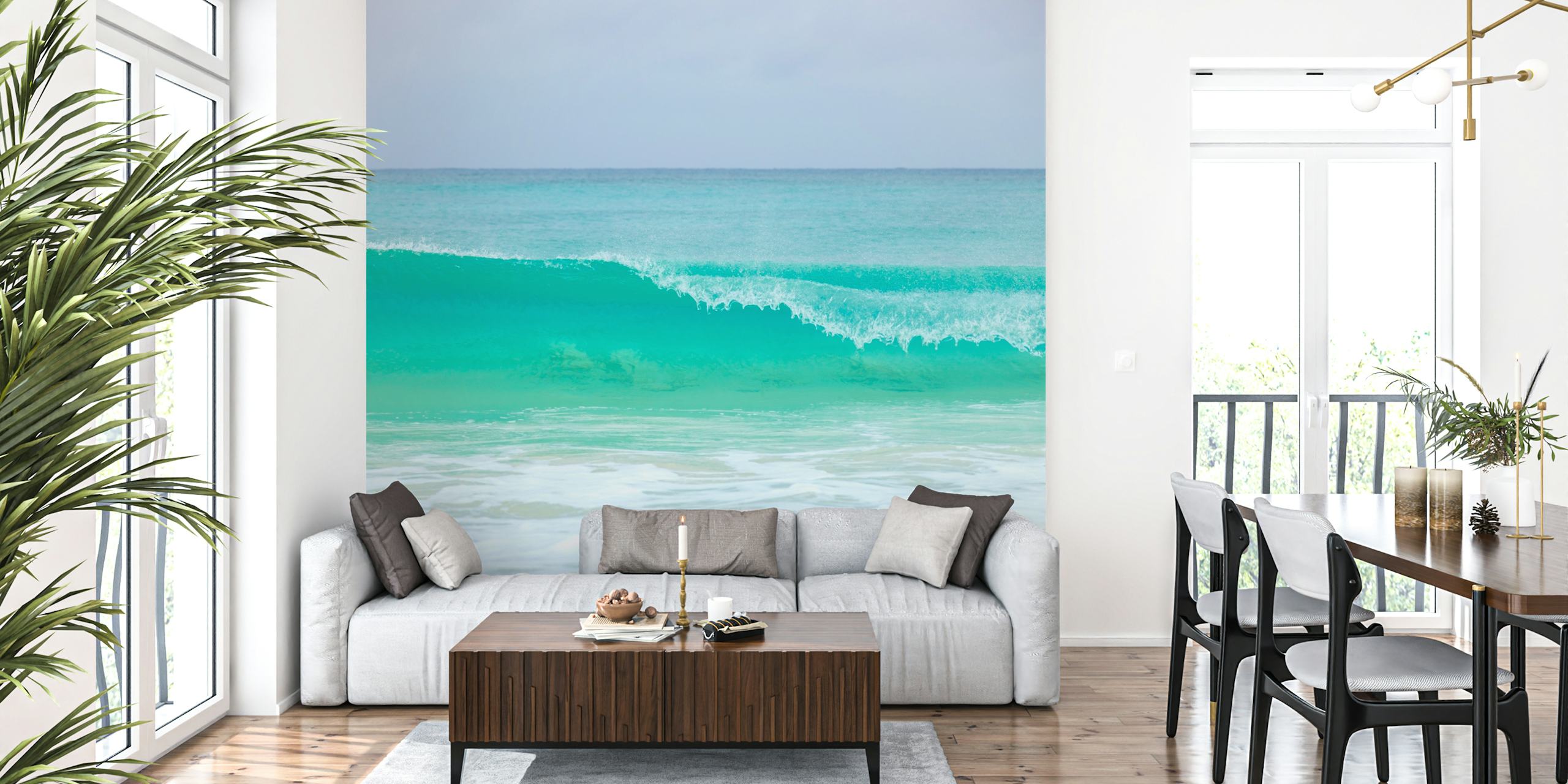 Ocean waves in teal and white colors coastal wallpaper
