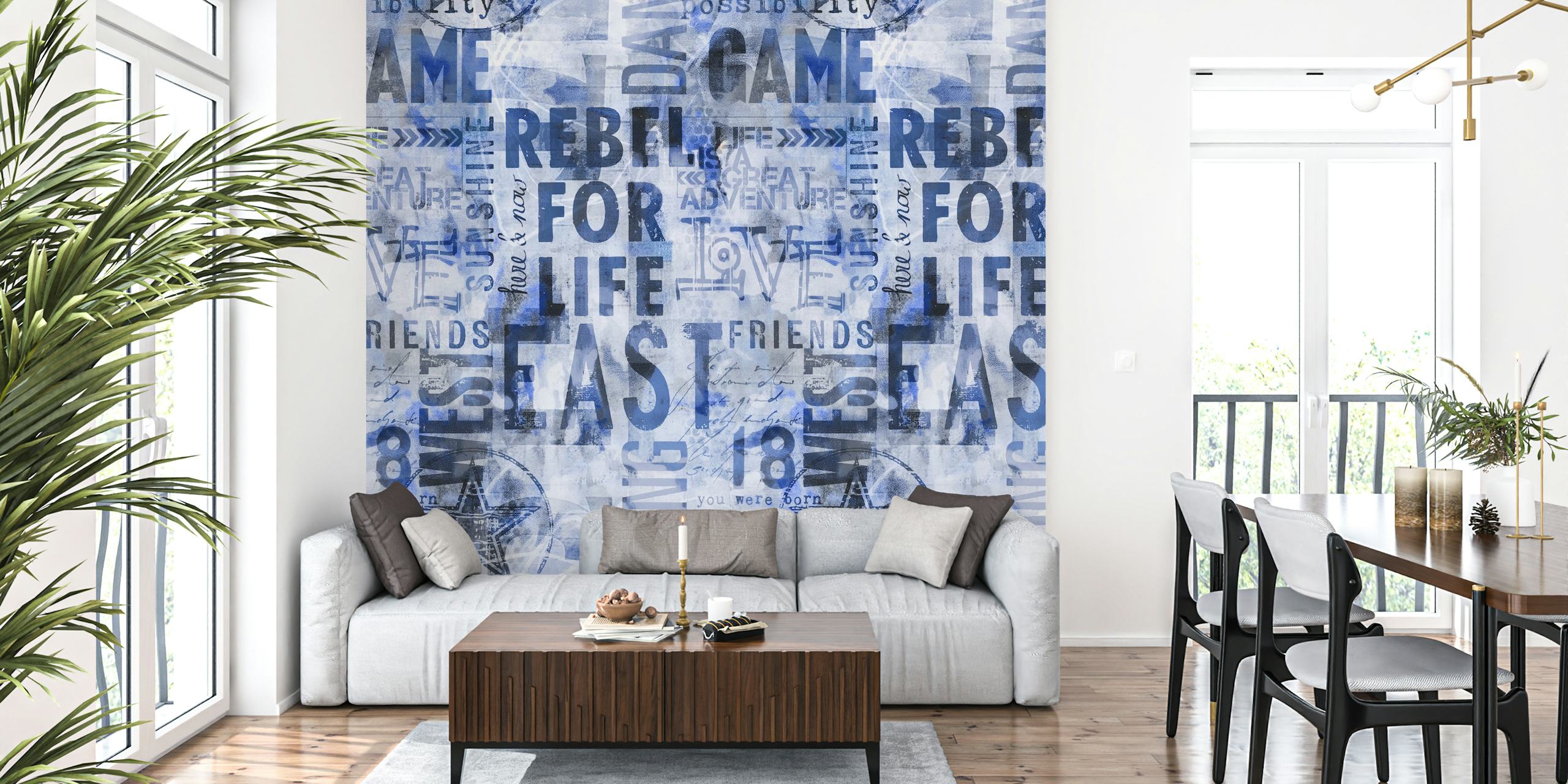 Navy blue grunge typography wallpaper with various text elements