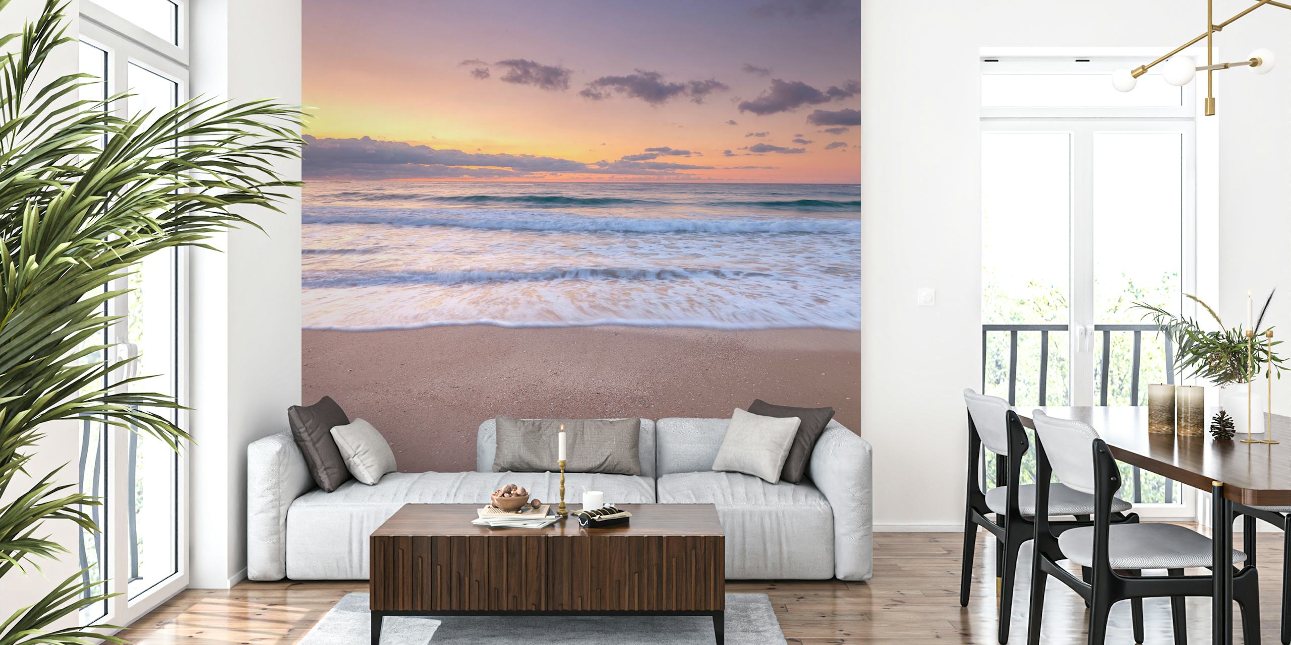Ocean sunset with waves and sandy beach wallpaper