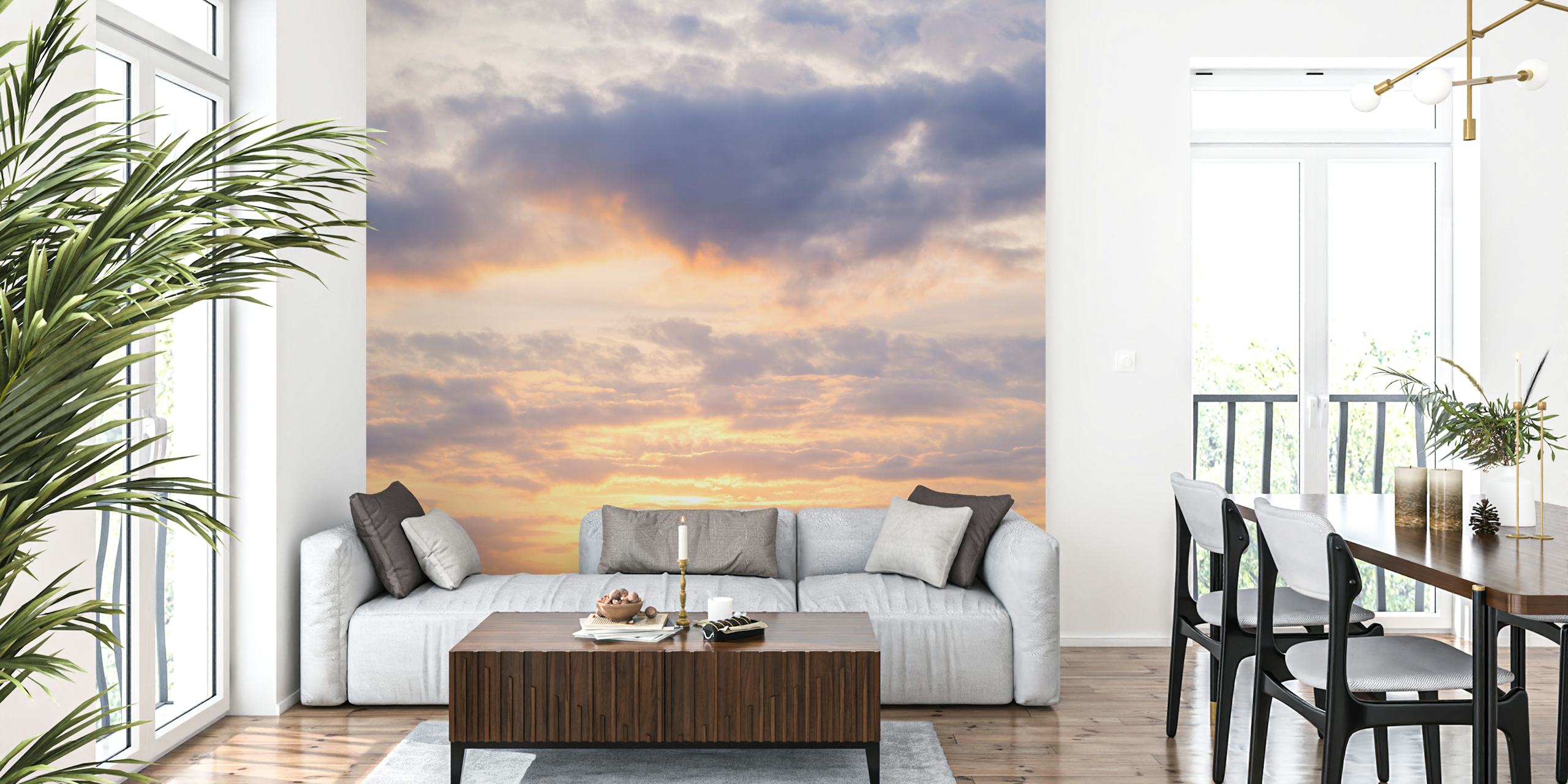 Cloudy sunrise with warm yellows and soft grays wallpaper