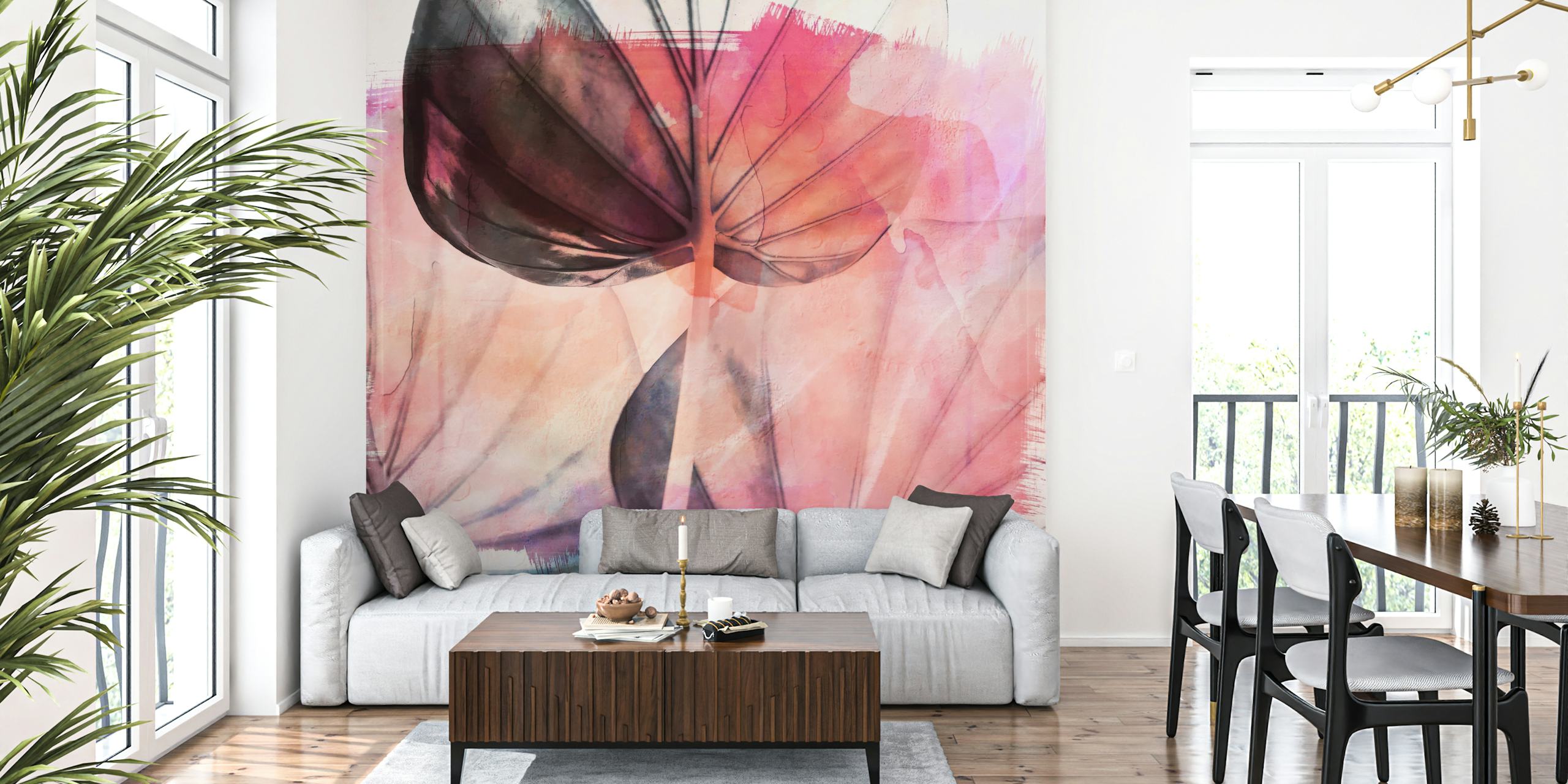 Coral Japandi Leaves wallpaper in a room