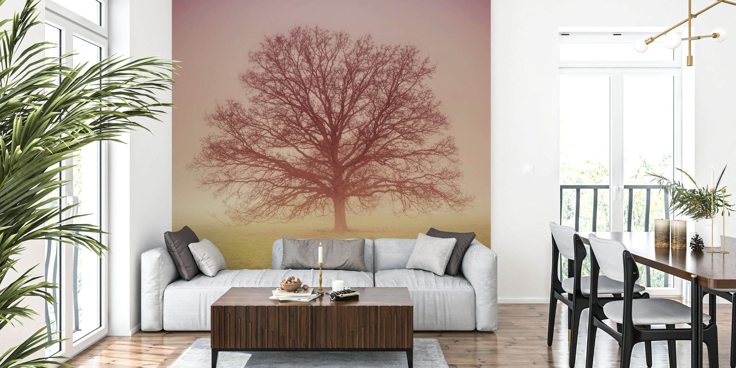 Fotomural árbol solitario en un campo brumoso para decoración del hogar