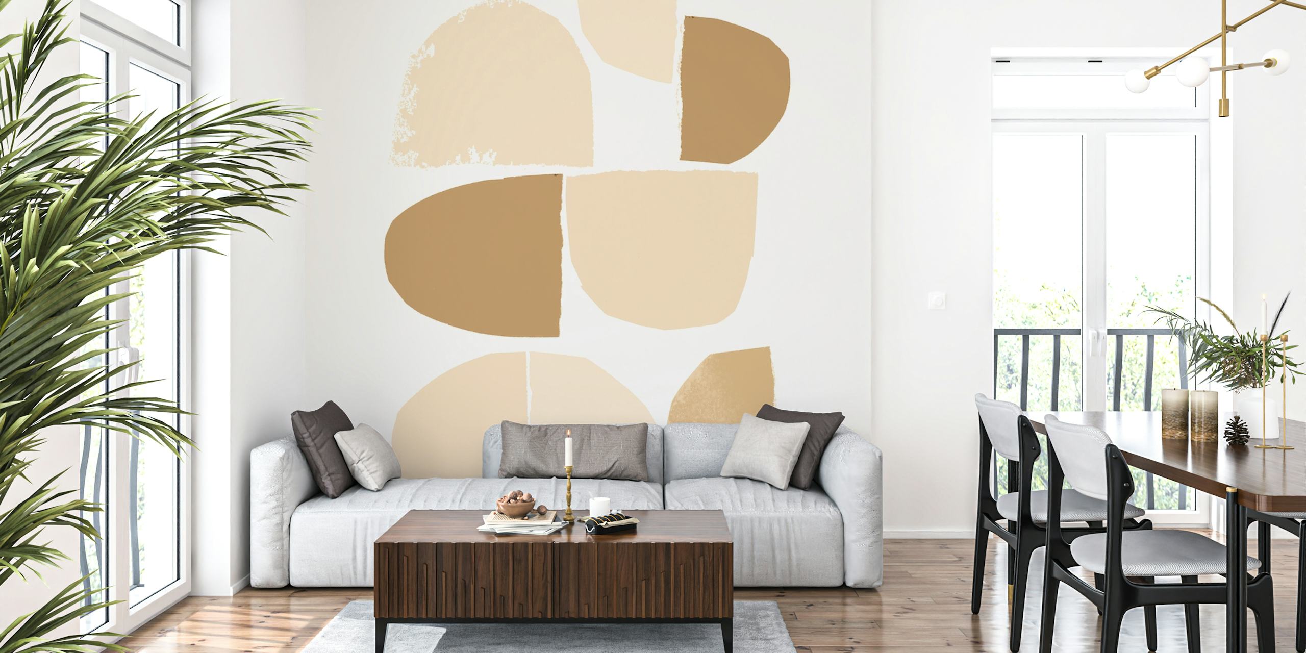 Apstraktni oblici u bež, krem i žutosmeđoj boji za zidni mural Minimalist Collage Neutral