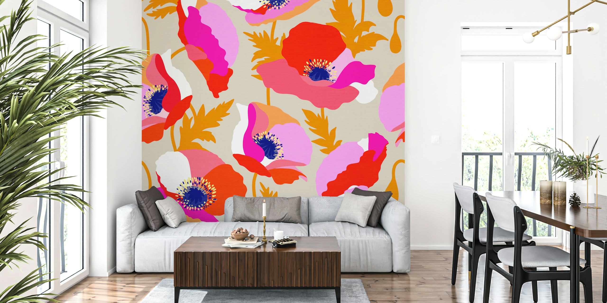 Živahni zidni mural s cvijećem maka na senfu i blijedosmeđoj pozadini