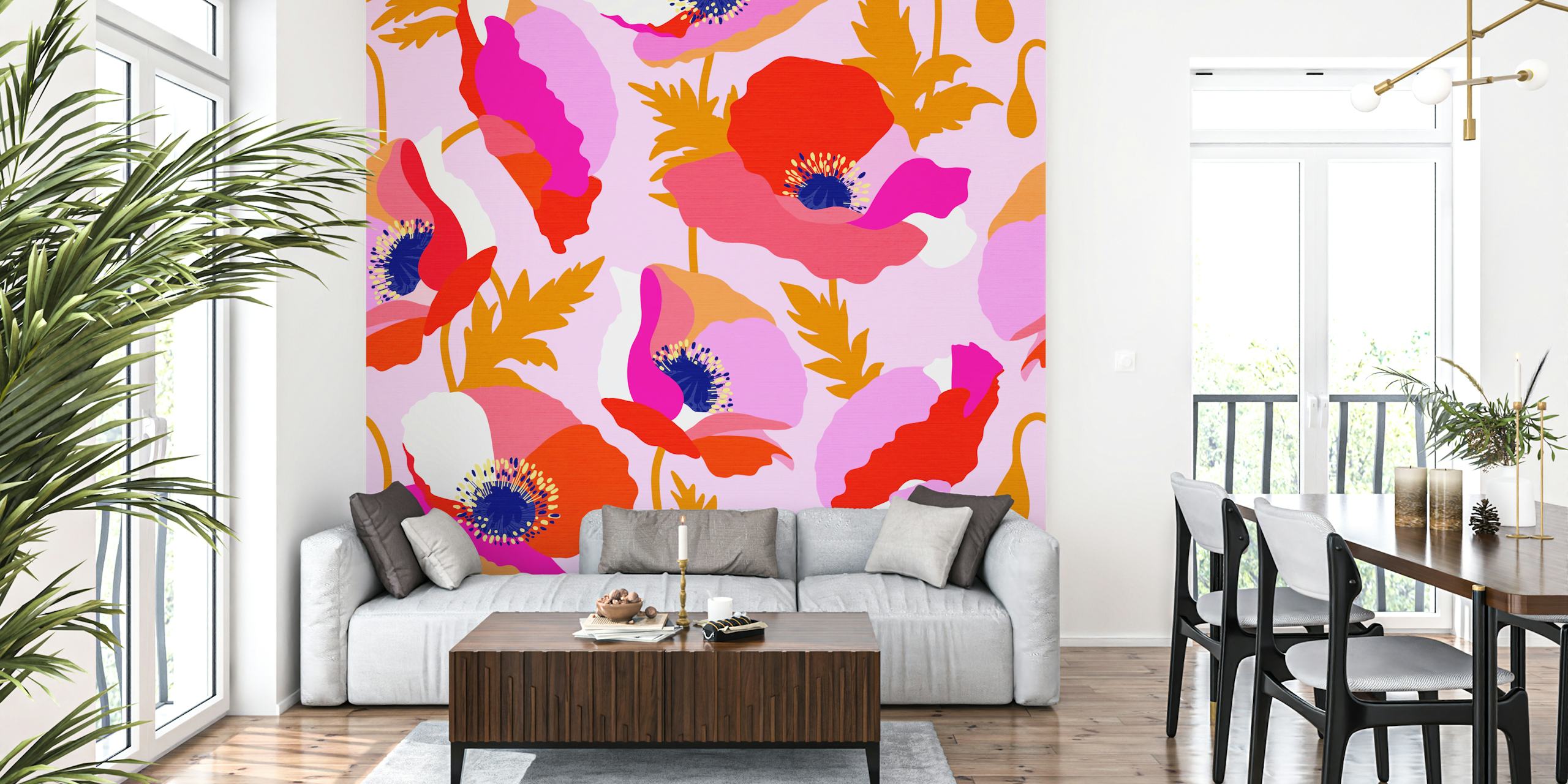 Vibrant pink floral poppy wallpaper with bold flowers and green leaves