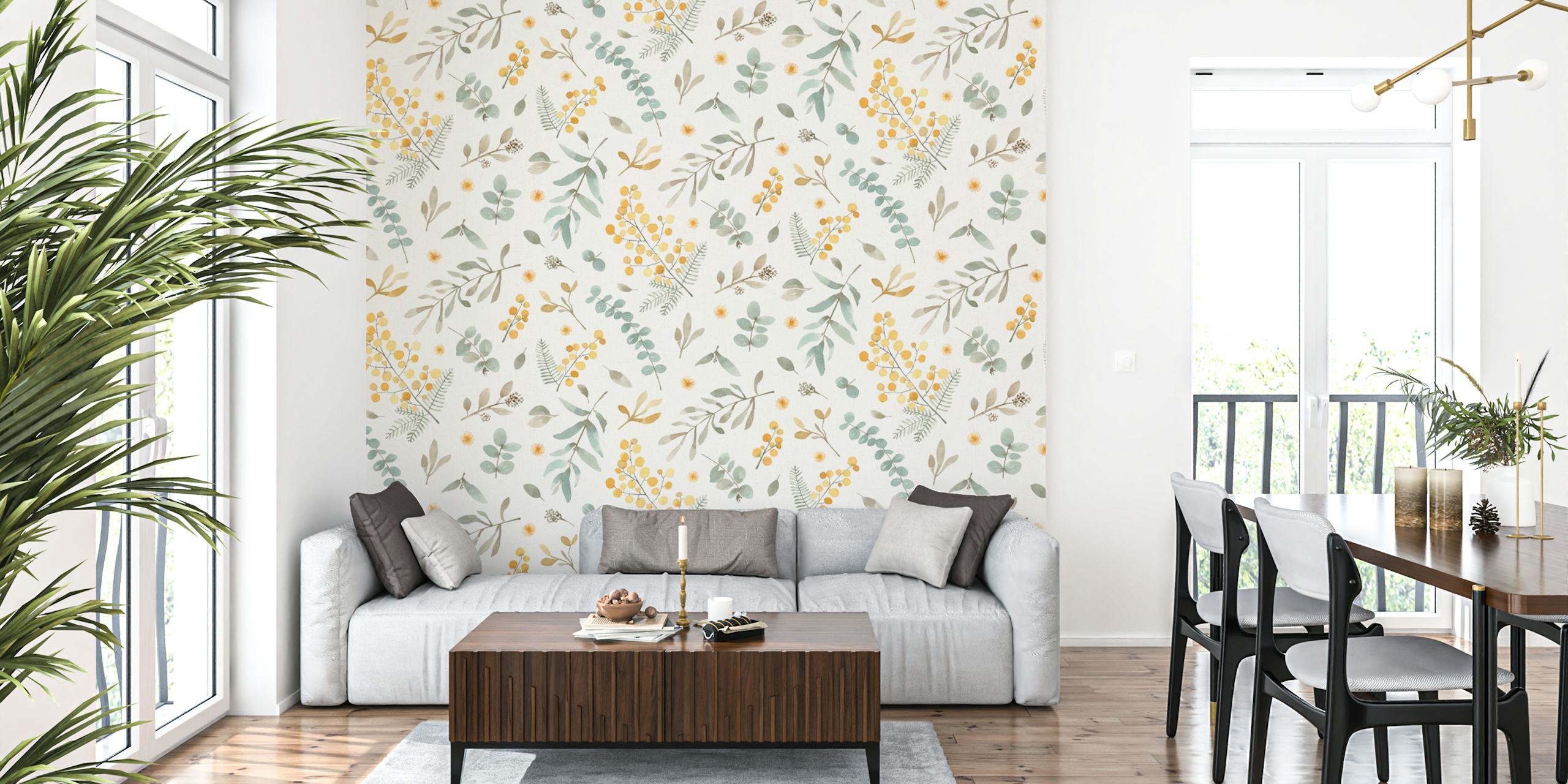 Eucalyptus en gele bloemen met groene bladeren wandbehang