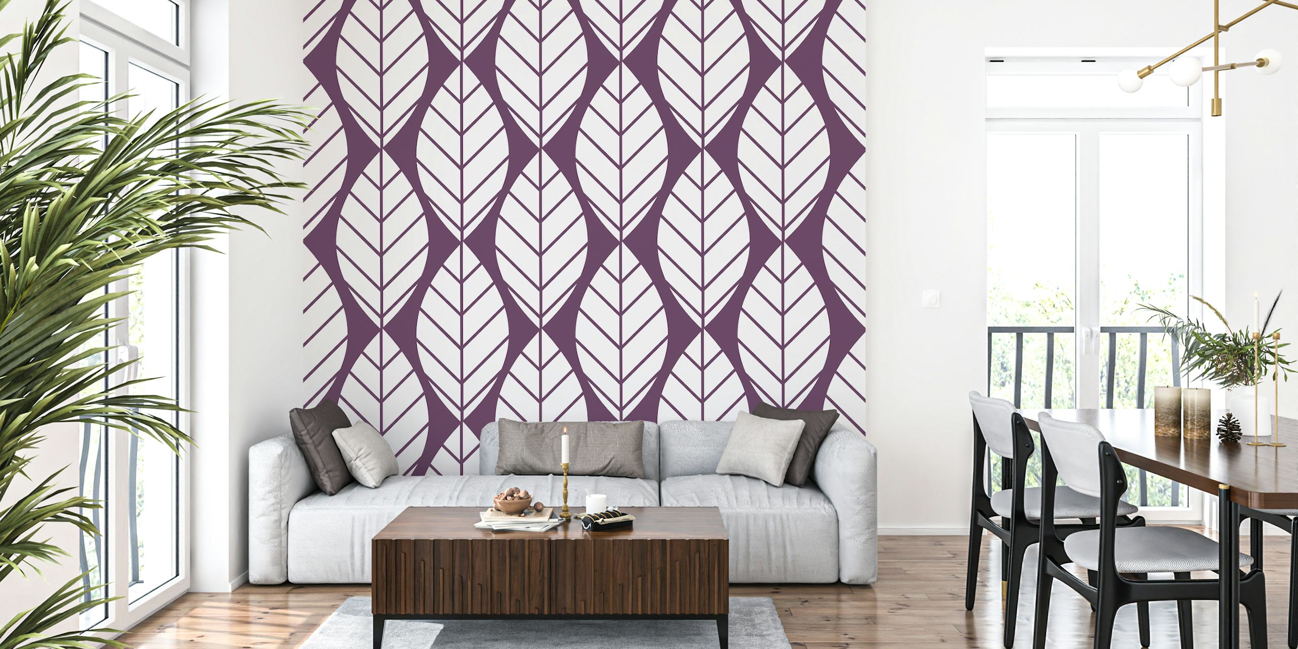 Modern leaves pattern in purple wall mural