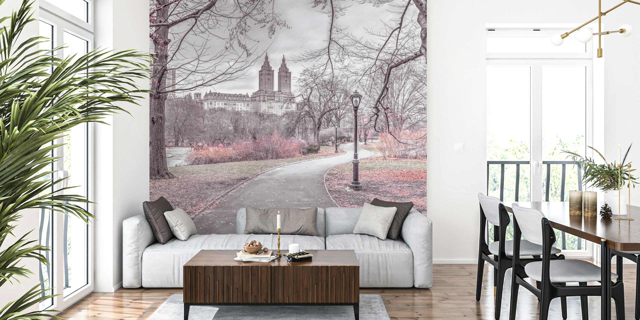 Central Park muurschildering met herfstbomen en pad