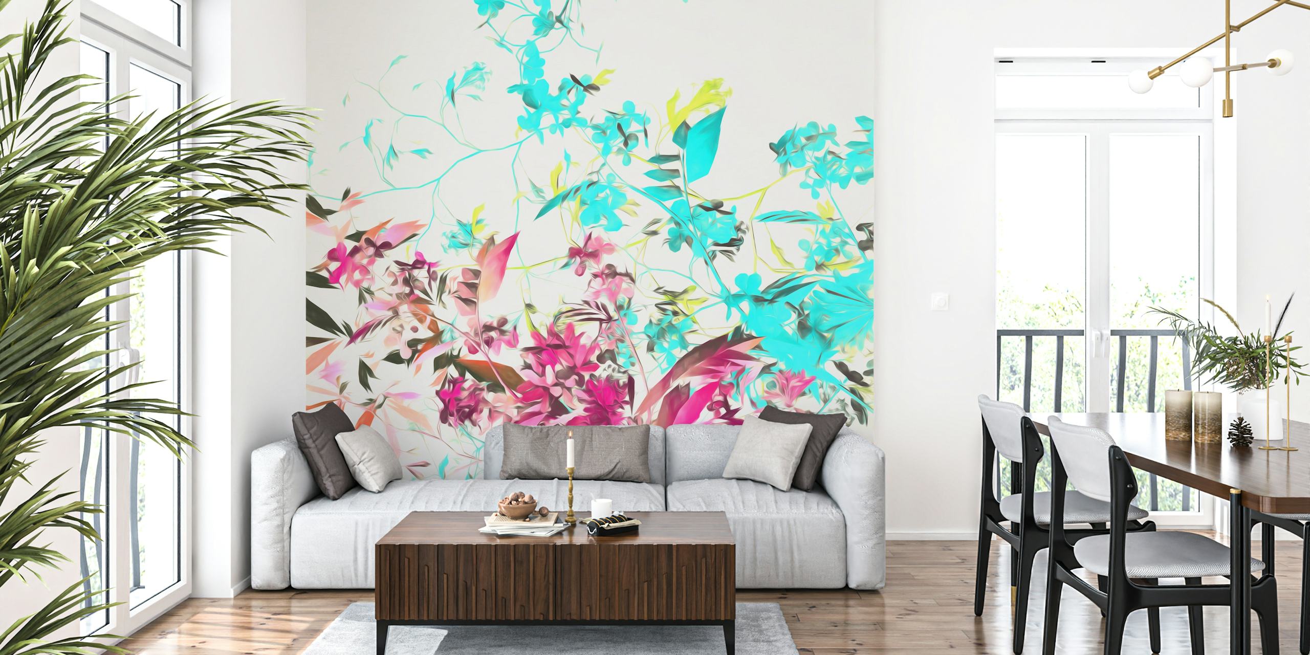 Βαφή τοίχου Vibrant Leaves and Flowers σε ένα δωμάτιο