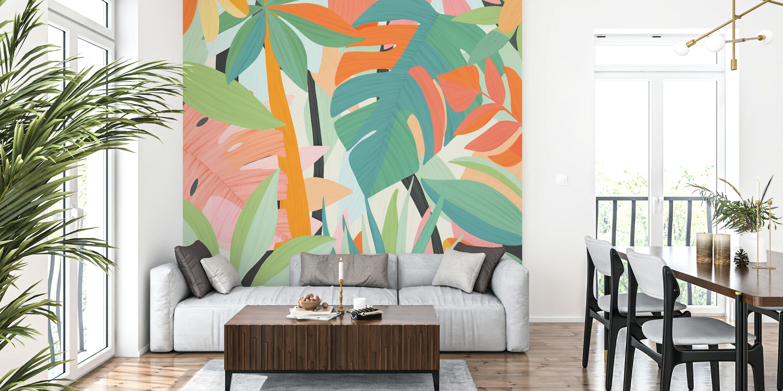 Tropical leaves in pastel colors including green, pink, and orange. Floral wallpaper.
