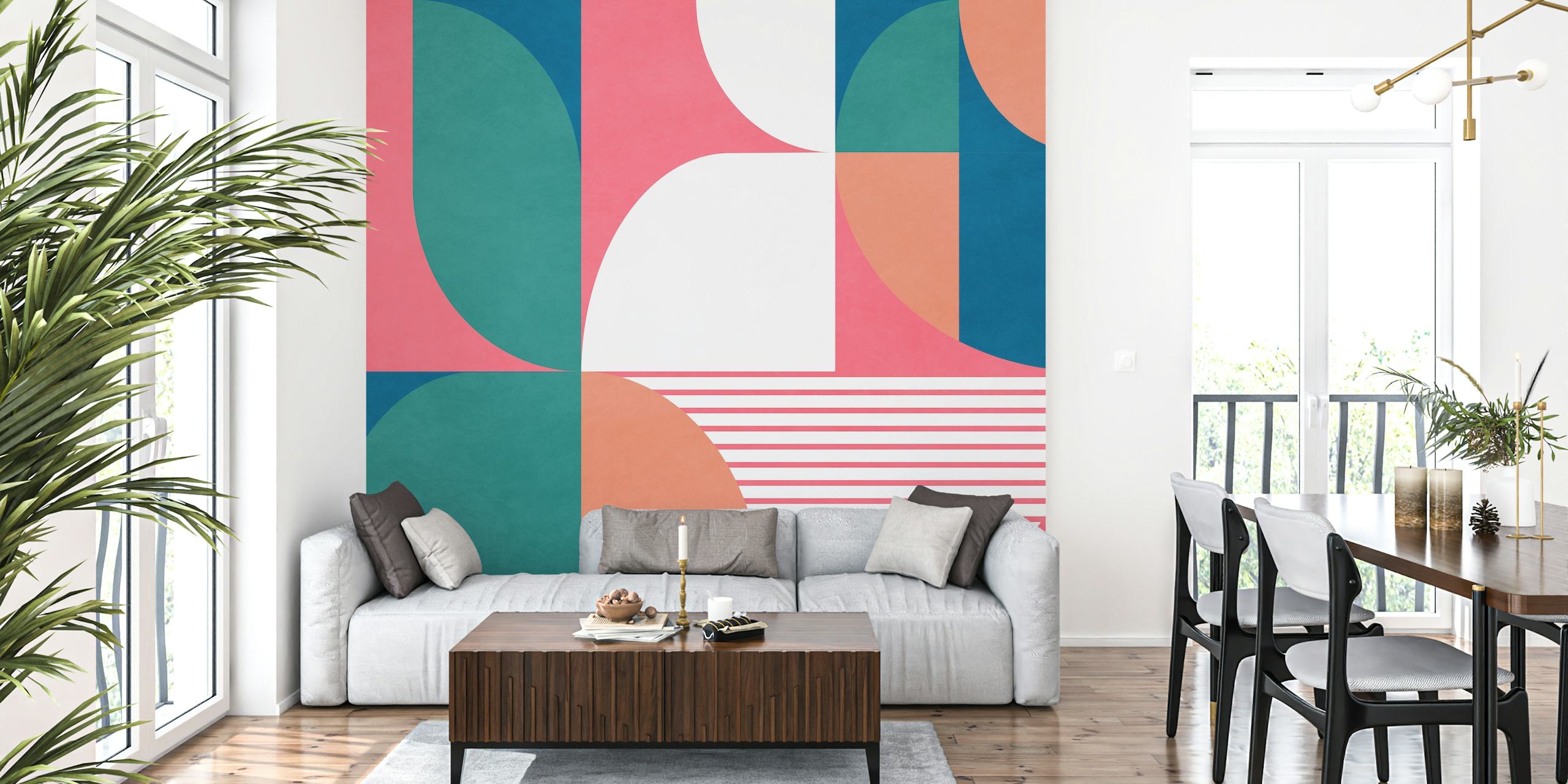 Geometric shapes in pink, green, and blue colors wallpaper