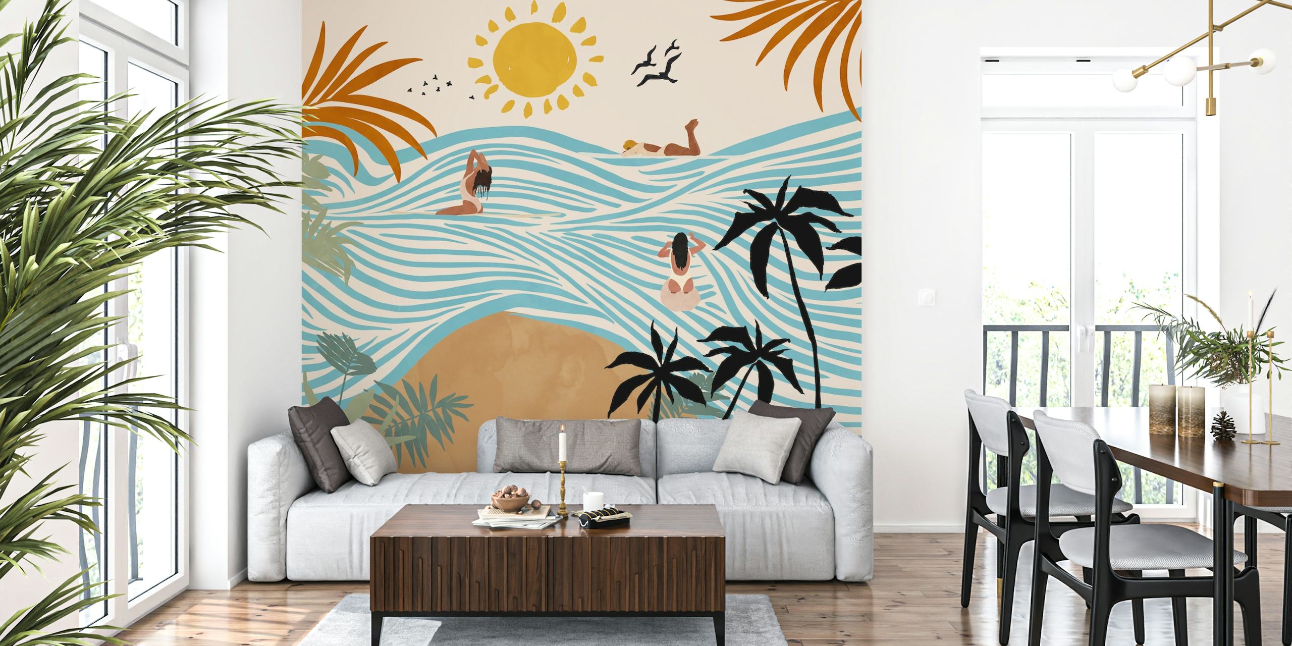 Tropische scene met surfers, golven, zon en palmbomen. Zachte kleuren en vrolijke stijl wallpaper.