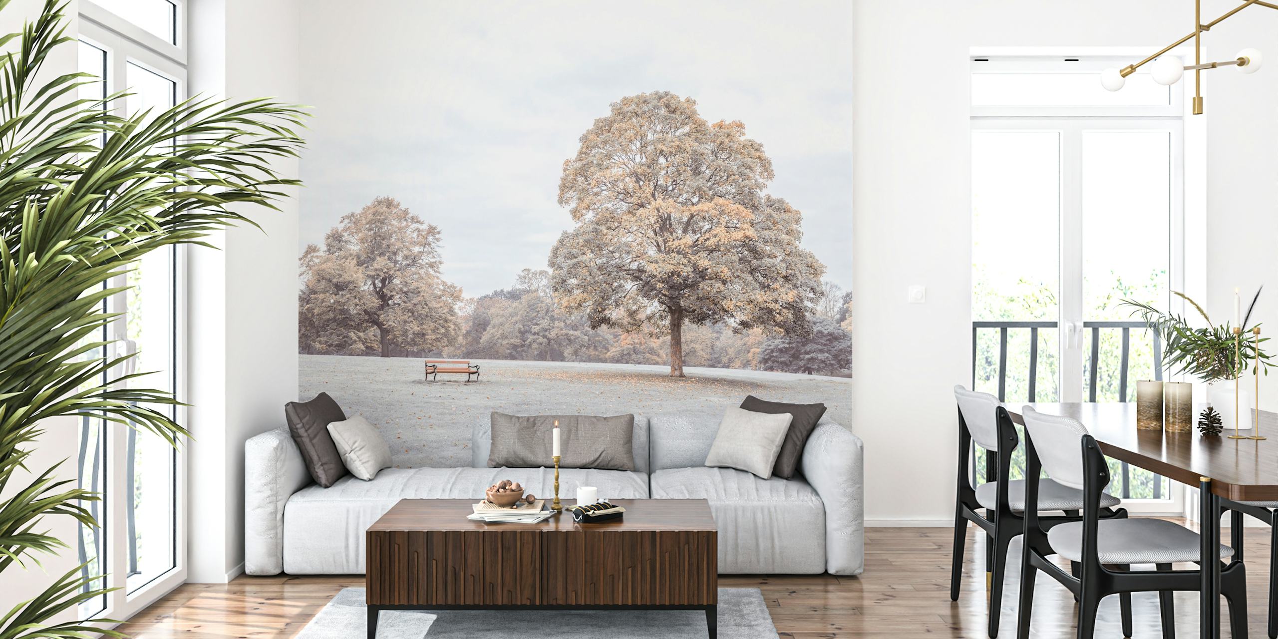 Autumn park bench under a big tree with a soft beige color palette wallpaper