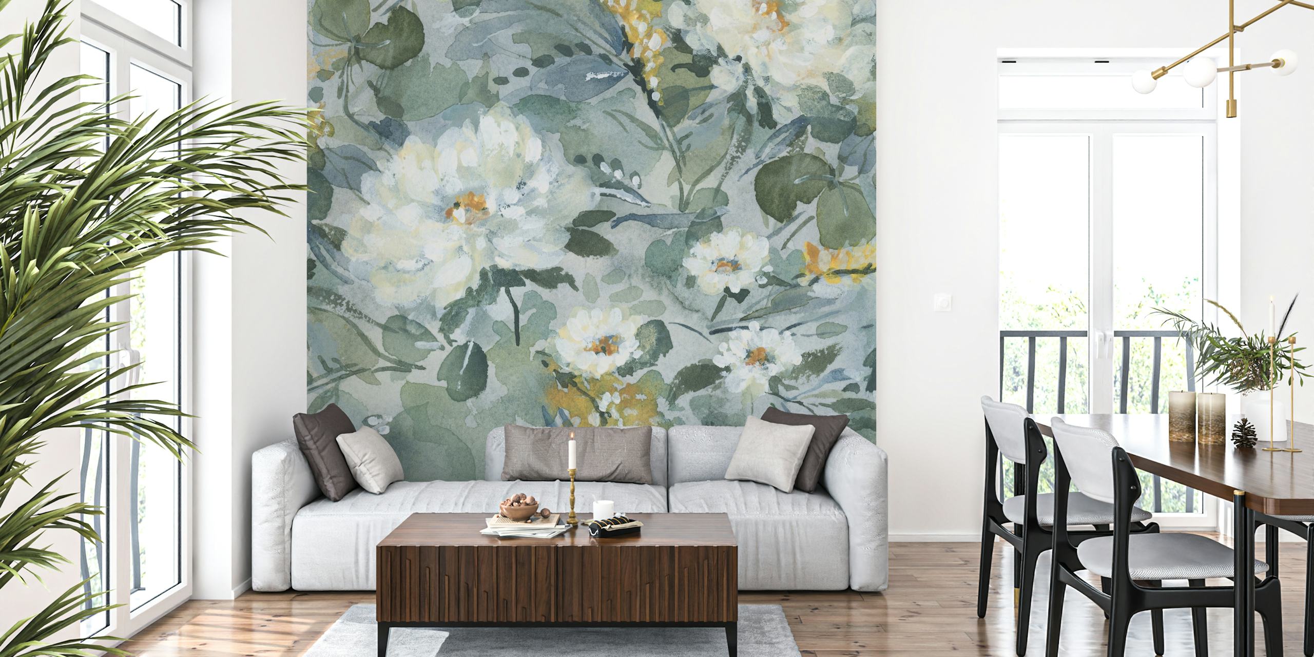 Watercolor floral pattern in green and white tones wallpaper