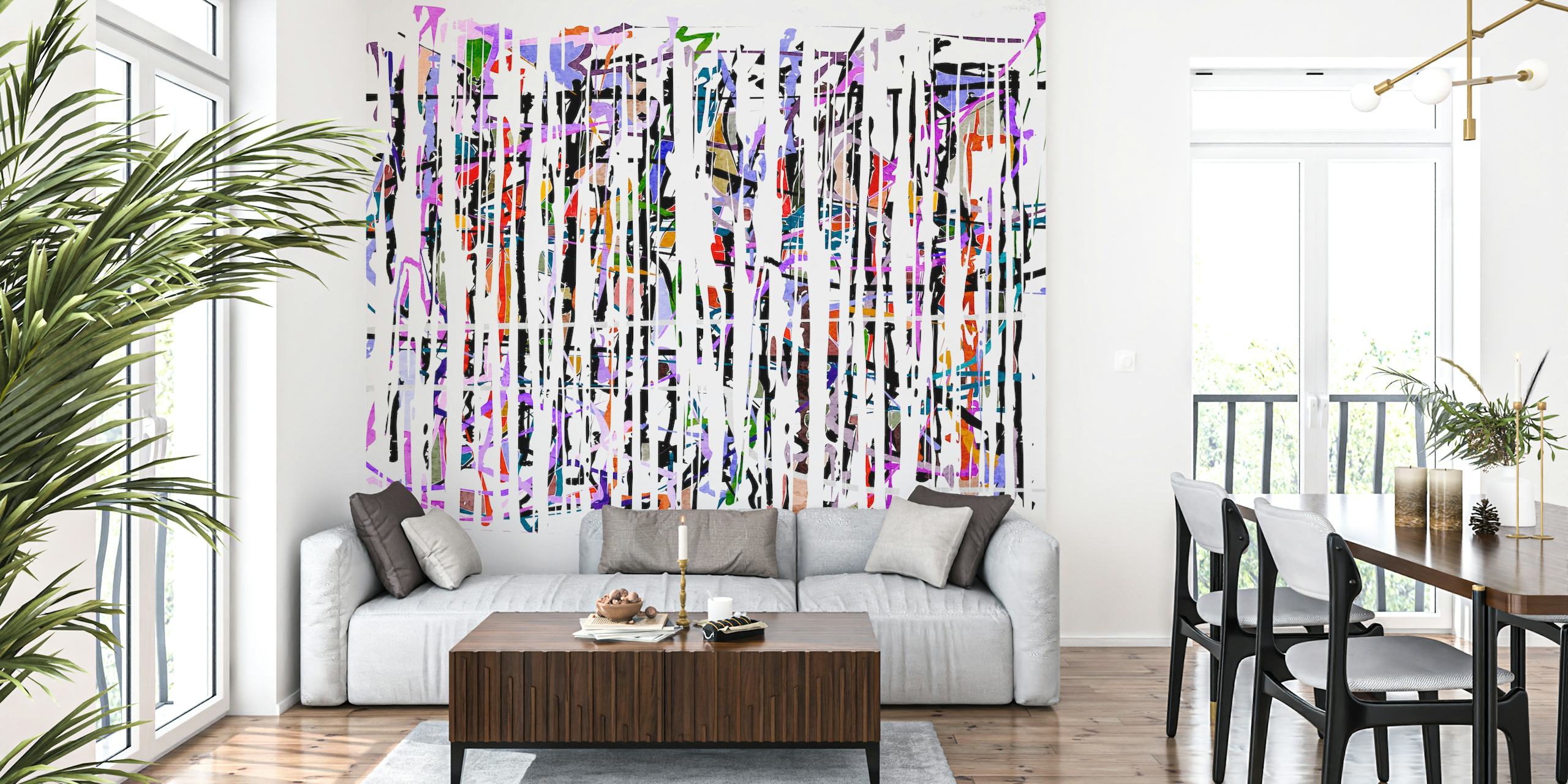 Colorful abstract brush strokes with white vertical lines wallpaper